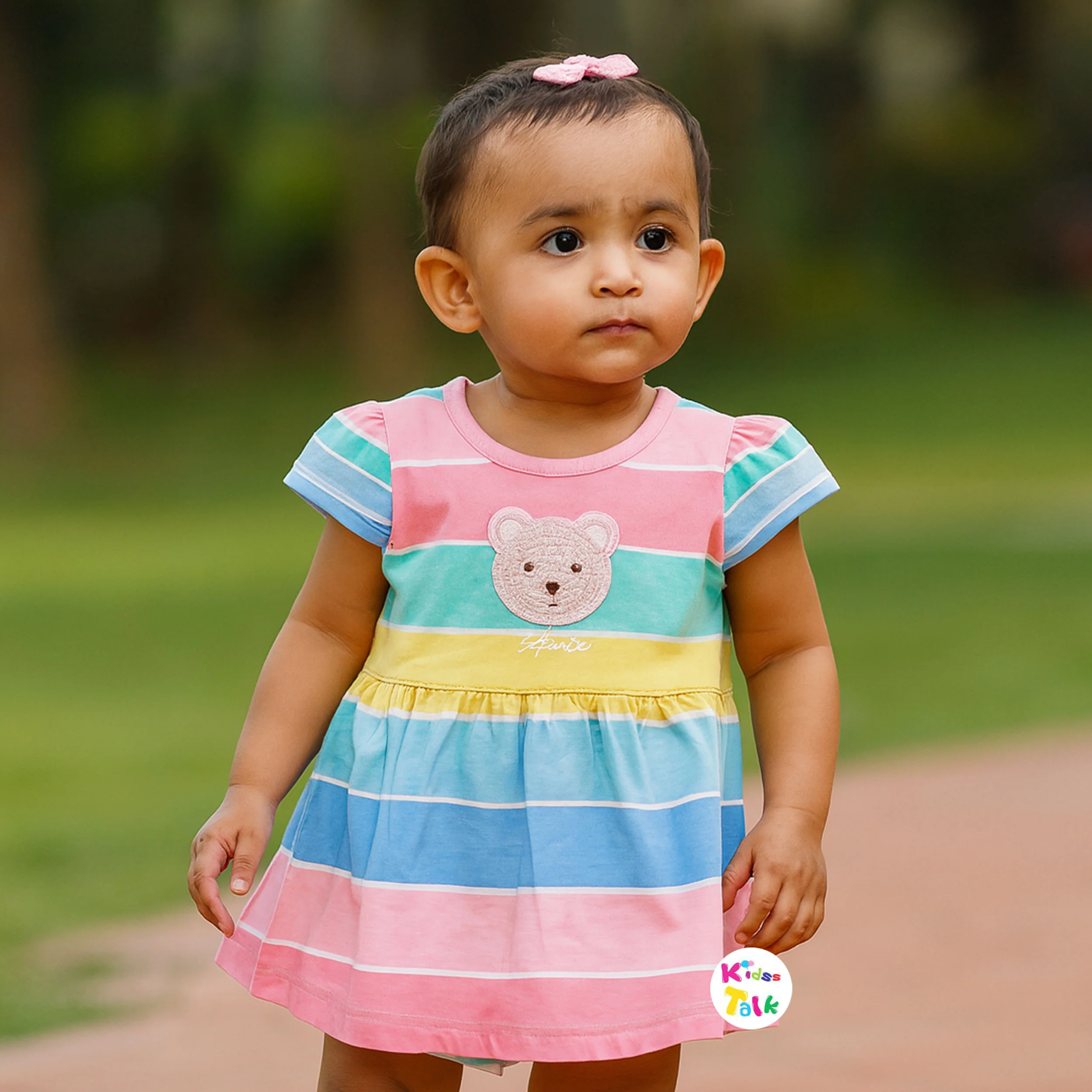 Cotton Half Sleeve Frock With Cute Patch Work - Baby Pink