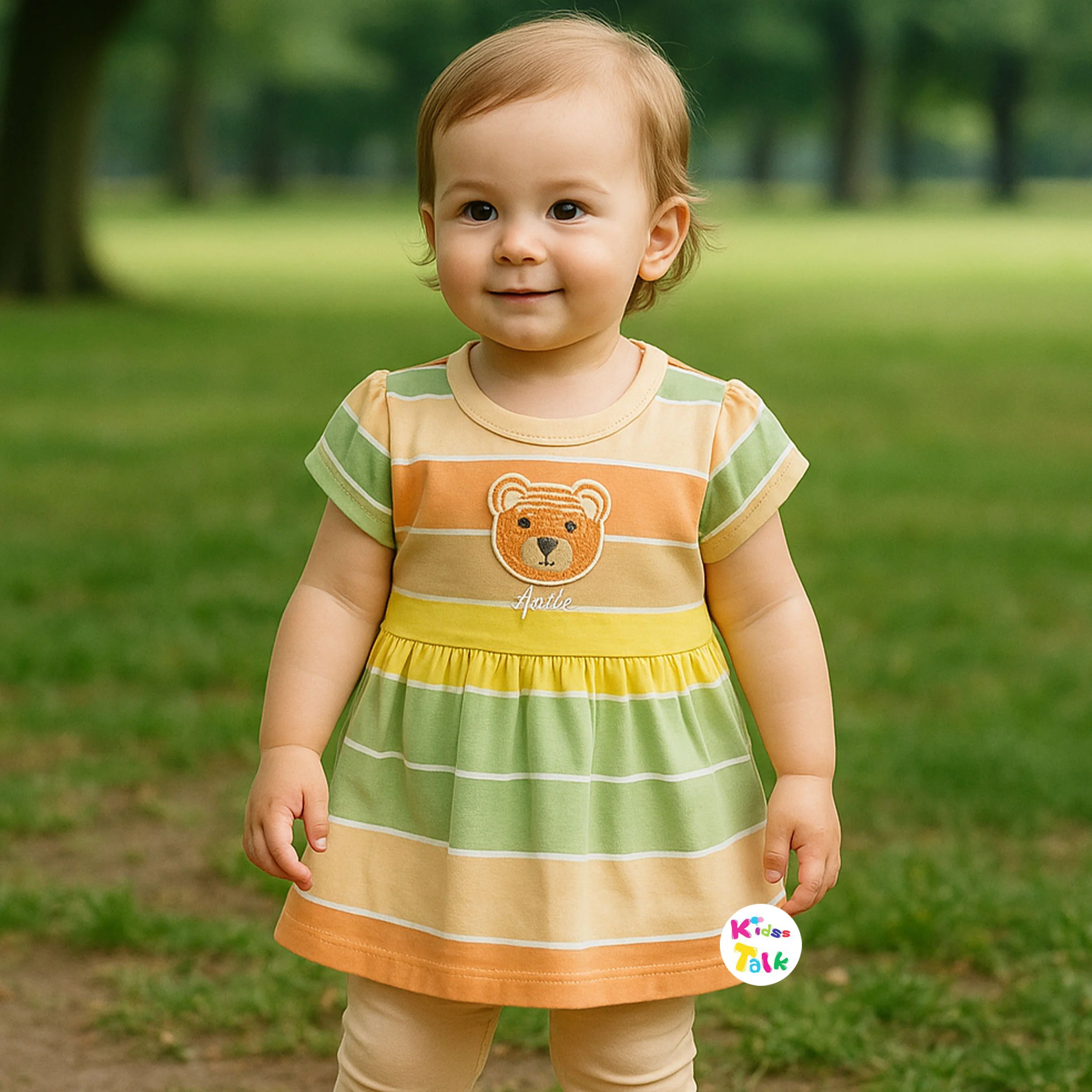 Cotton Half Sleeve Frock With Cute Patch Work - Orange