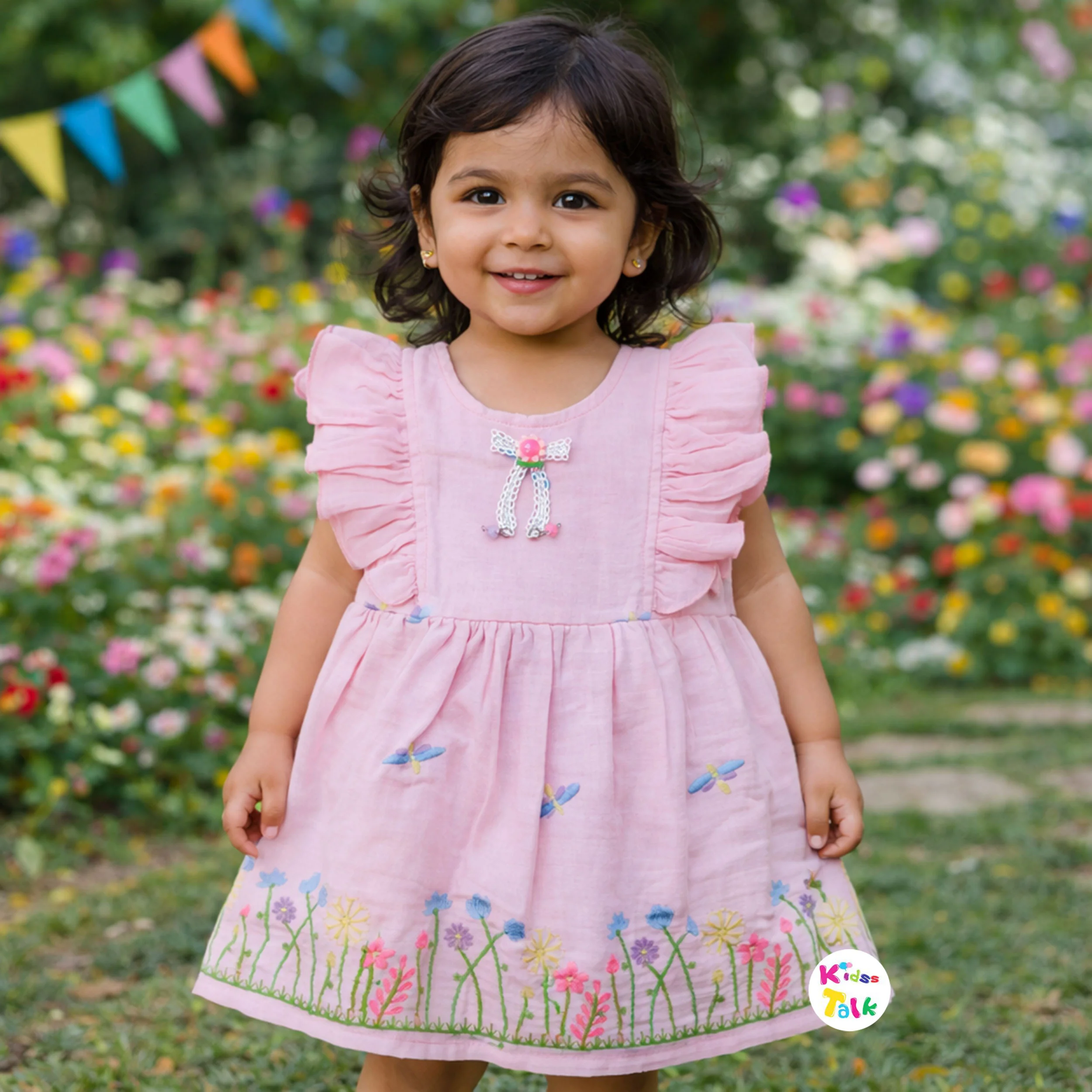 Muslin Half Sleeve Cute Embroidered Frock - Baby Pink