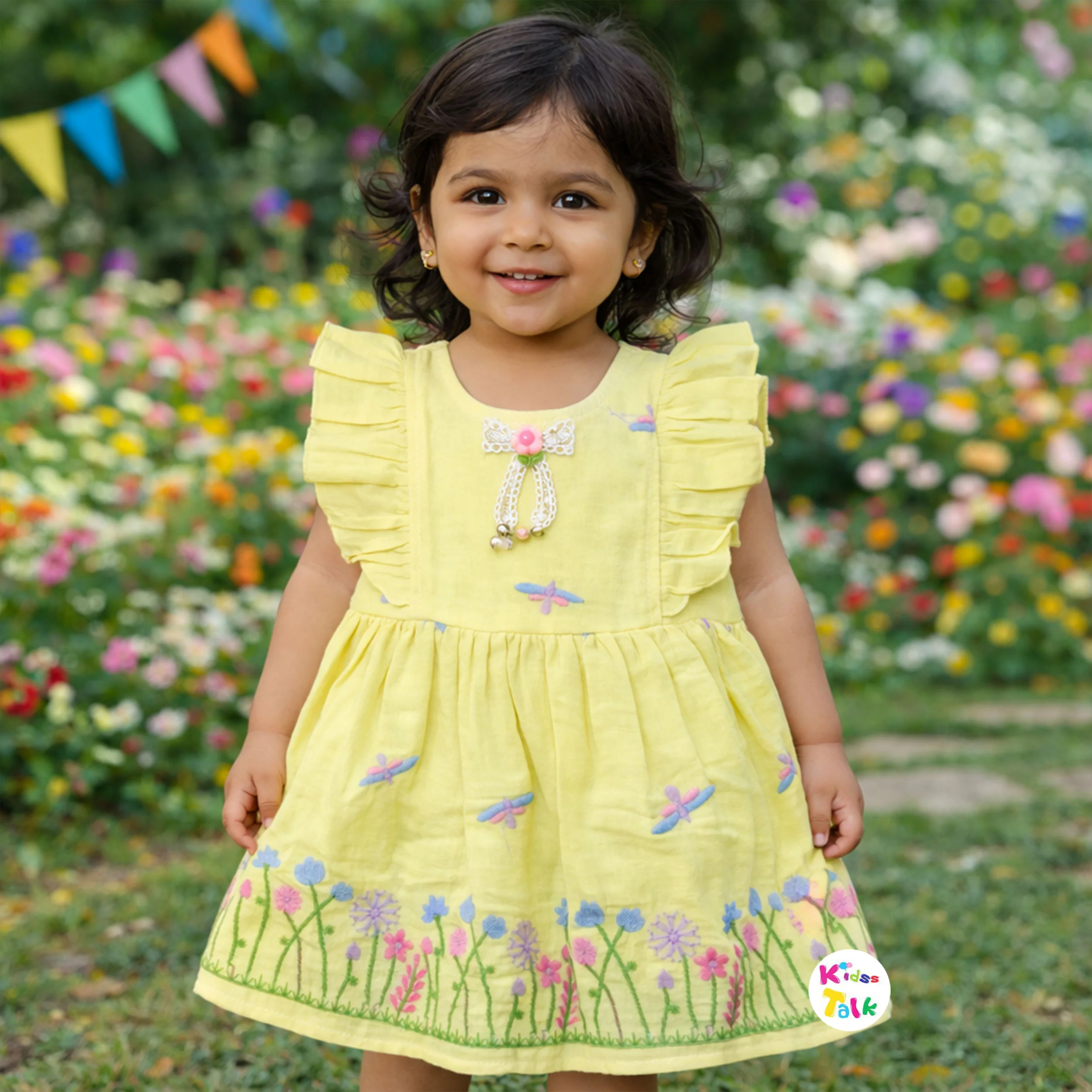 Muslin Half Sleeve Cute Embroidered Frock - Lemon Yellow