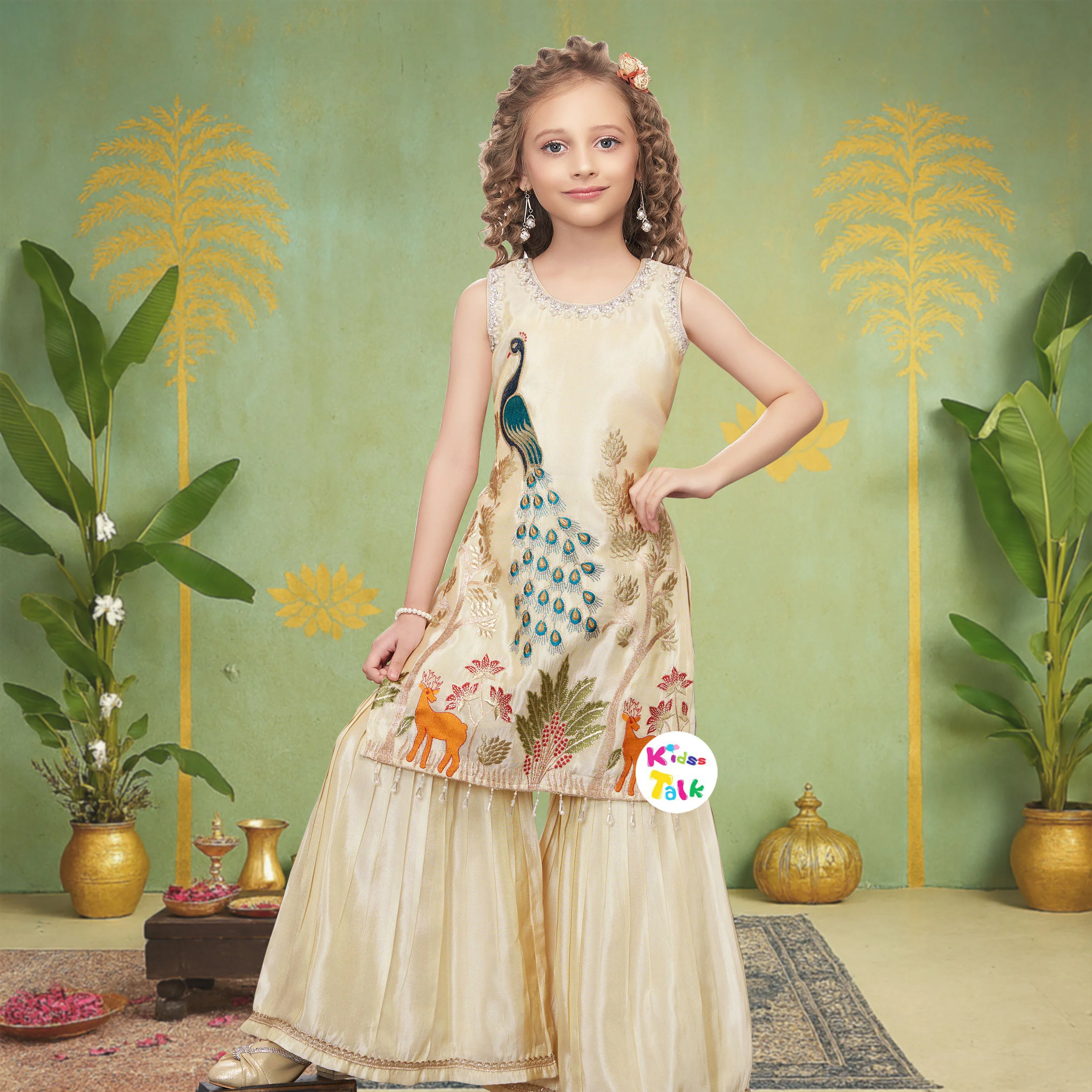 Satin Mirror Worked Sleeveless Kurta & Sharara With Dupatta - Beige