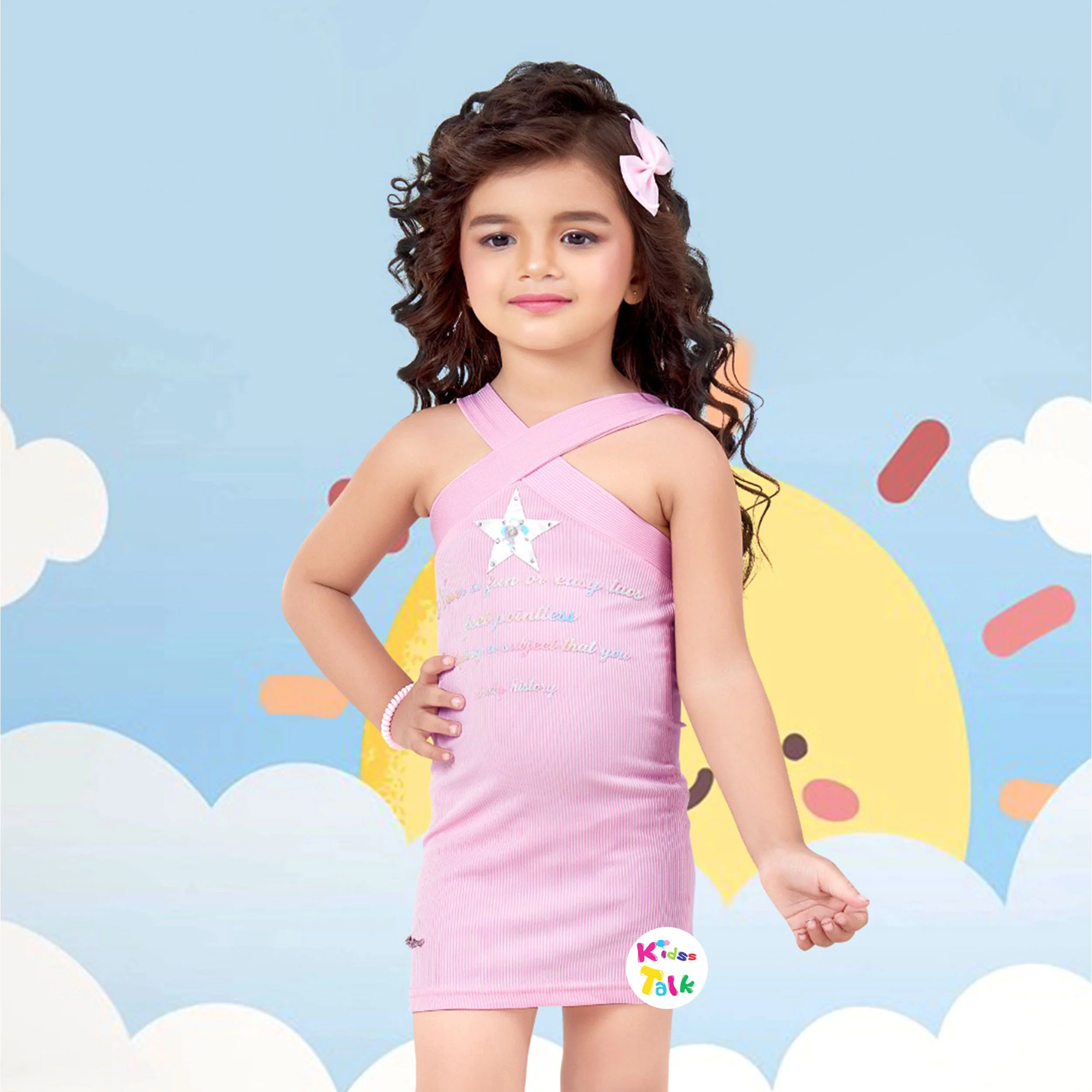Cotton Knitted Sleeveless Frock With Patch Work - Baby Pink