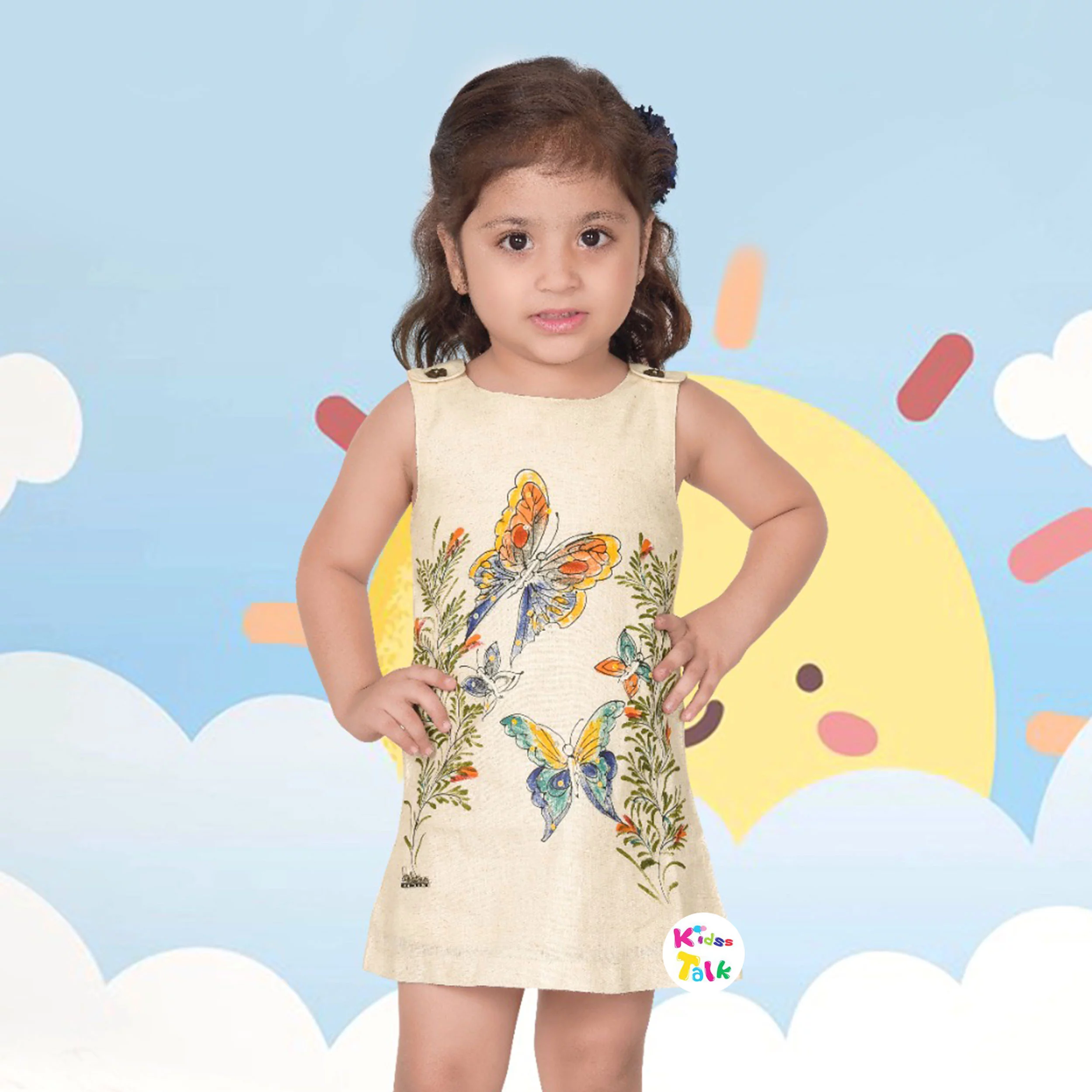 Cotton Linen Sleeveless Frock With Beads Work - Beige