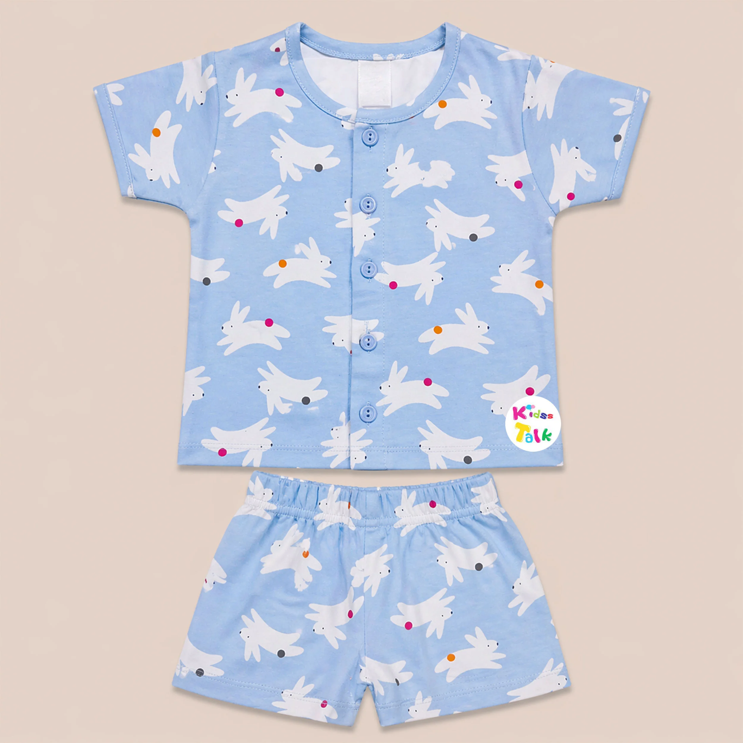 Cotton Knitted Half Sleeve T-shirt Set With Cute Print - Ice Blue
