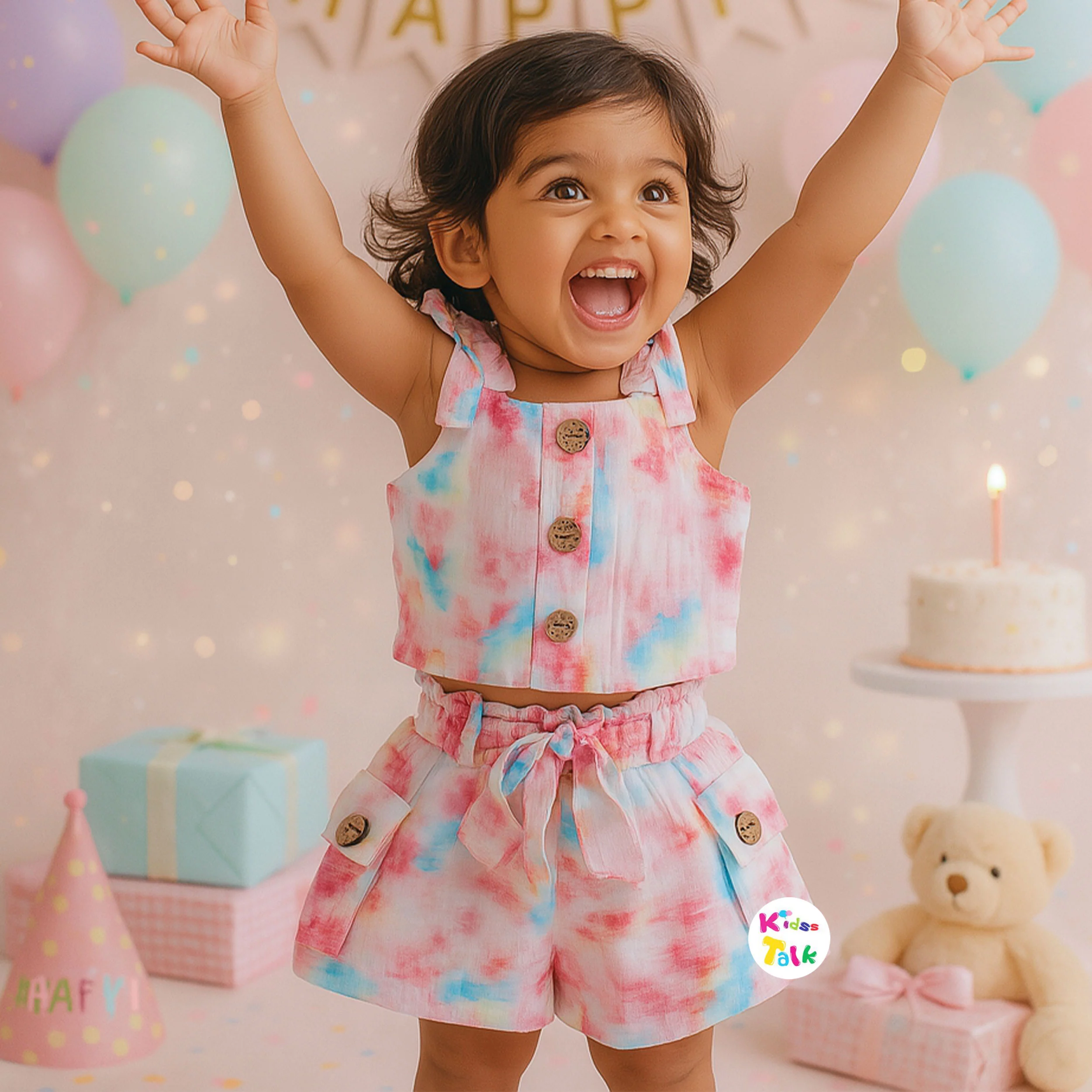 Muslin Sleeveless Half Pant Set With Tie And Dye Print - Baby Pink