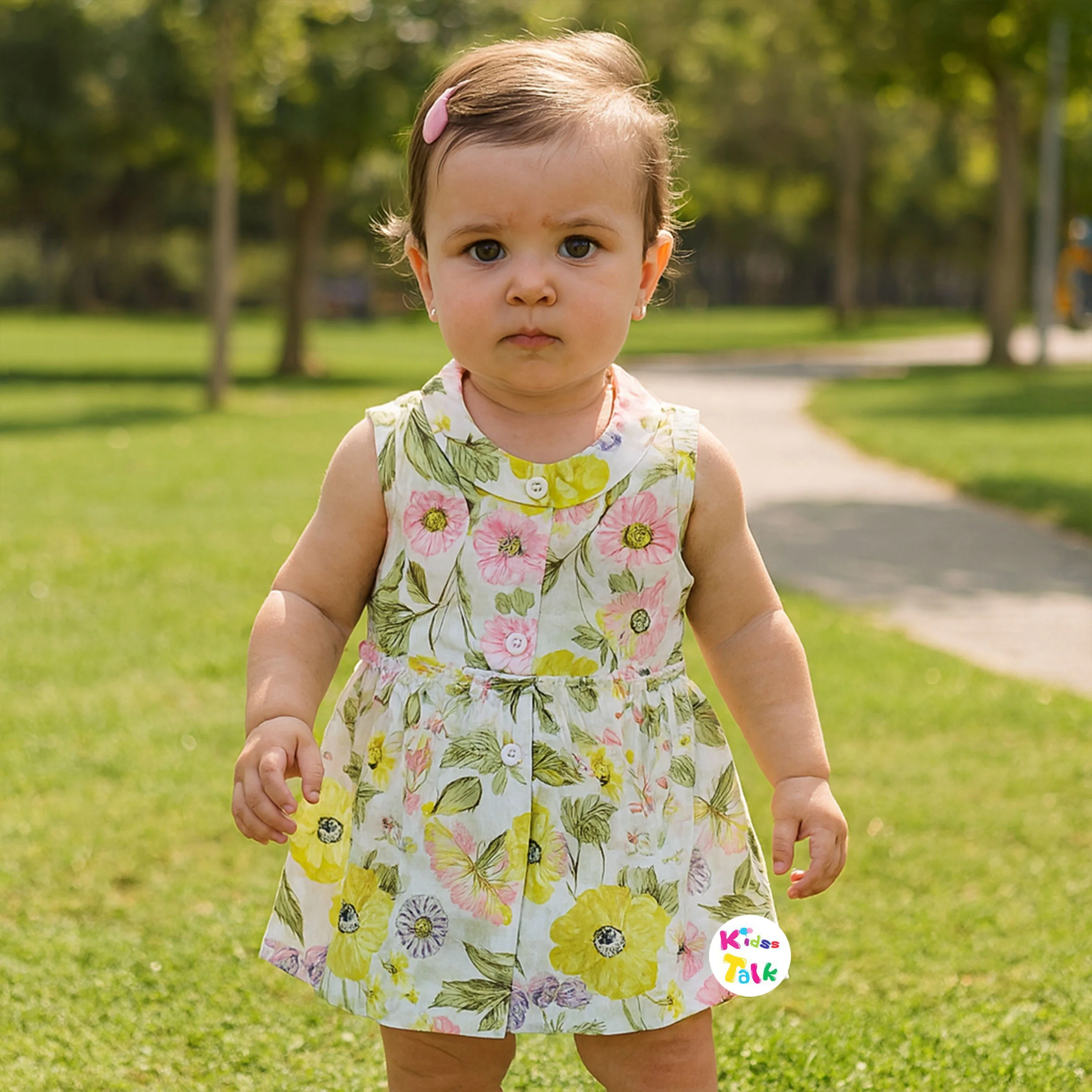 Cotton Sleeveless Frock With Floral Printed - Olive Green