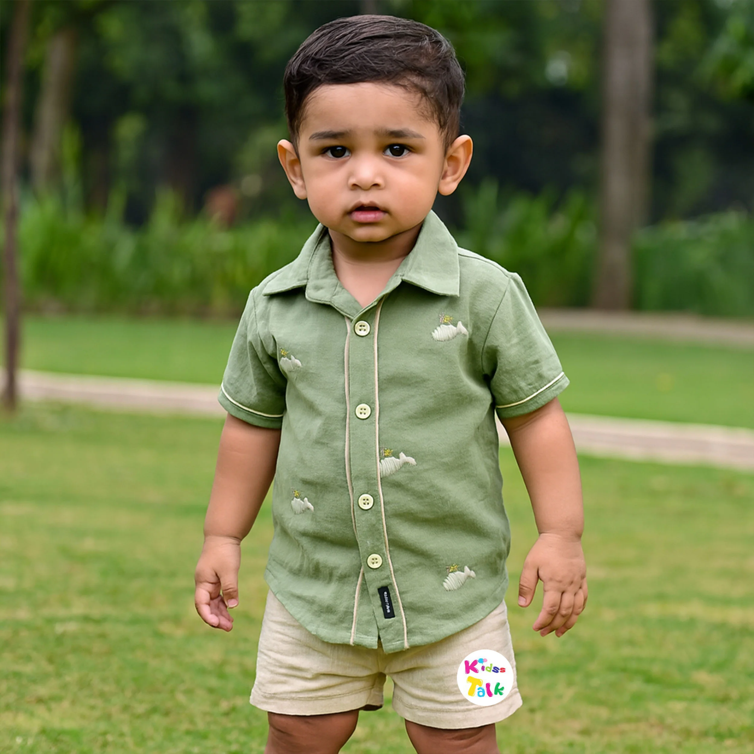 Muslin Half Sleeve Shirt & Half Pant - Olive Green