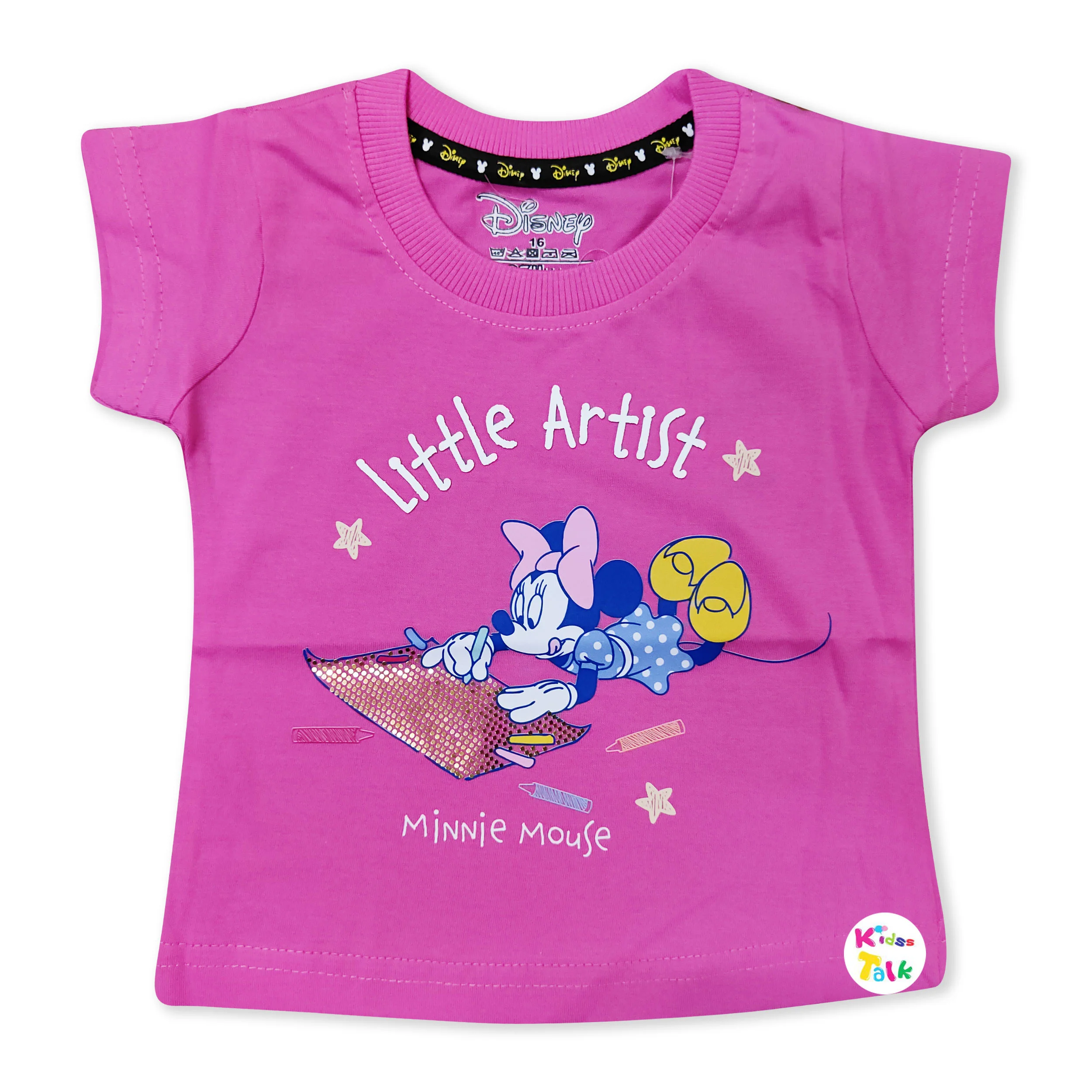 Cotton Knitted Half Sleeve T-shirt With Cute Print - Hot Pink