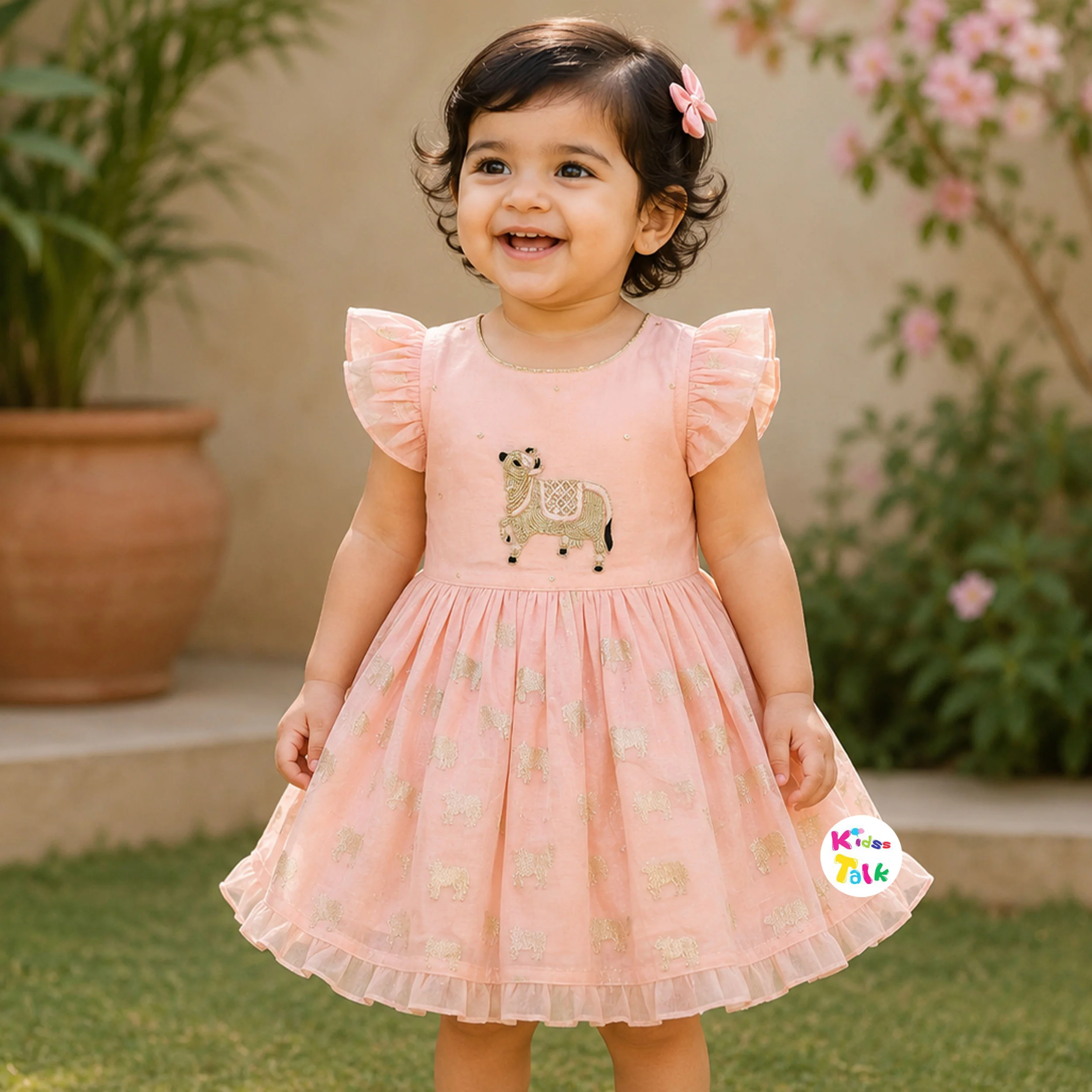 Chanderi Half Sleeve Frock With Embroidered - Peach