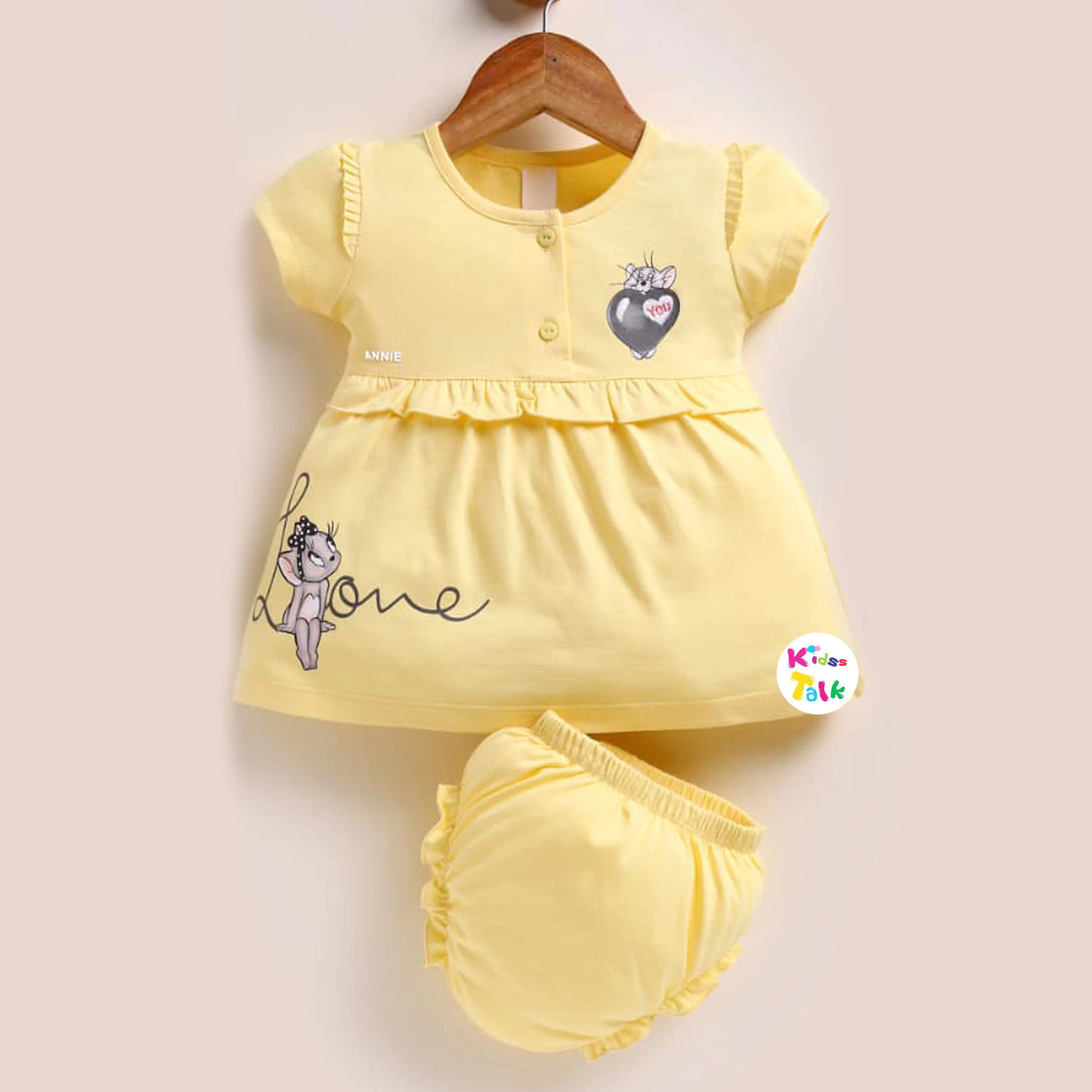 Cotton Knitted Half Sleeve Frock With Cute Print - Lemon Yellow