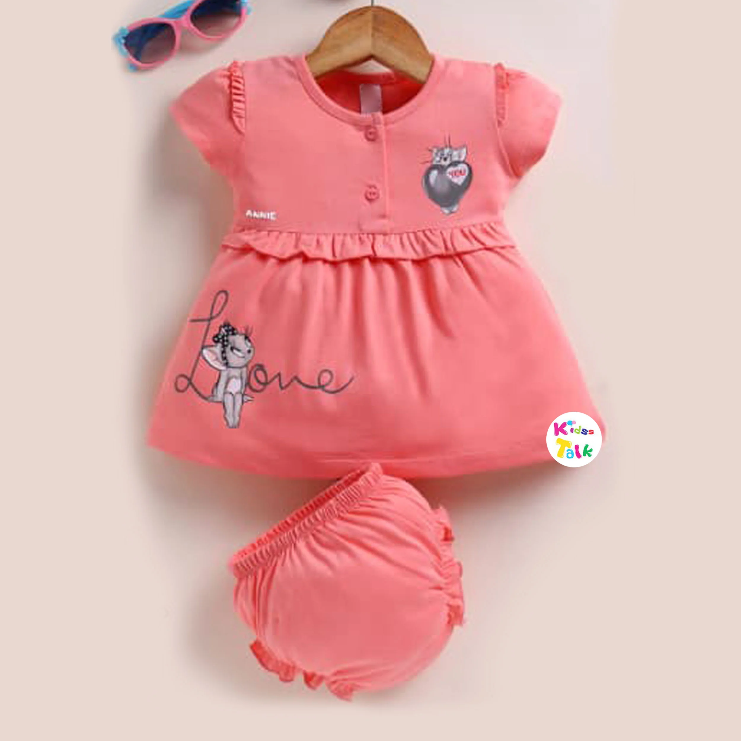 Cotton Knitted Half Sleeve Frock With Cute Print - Peach