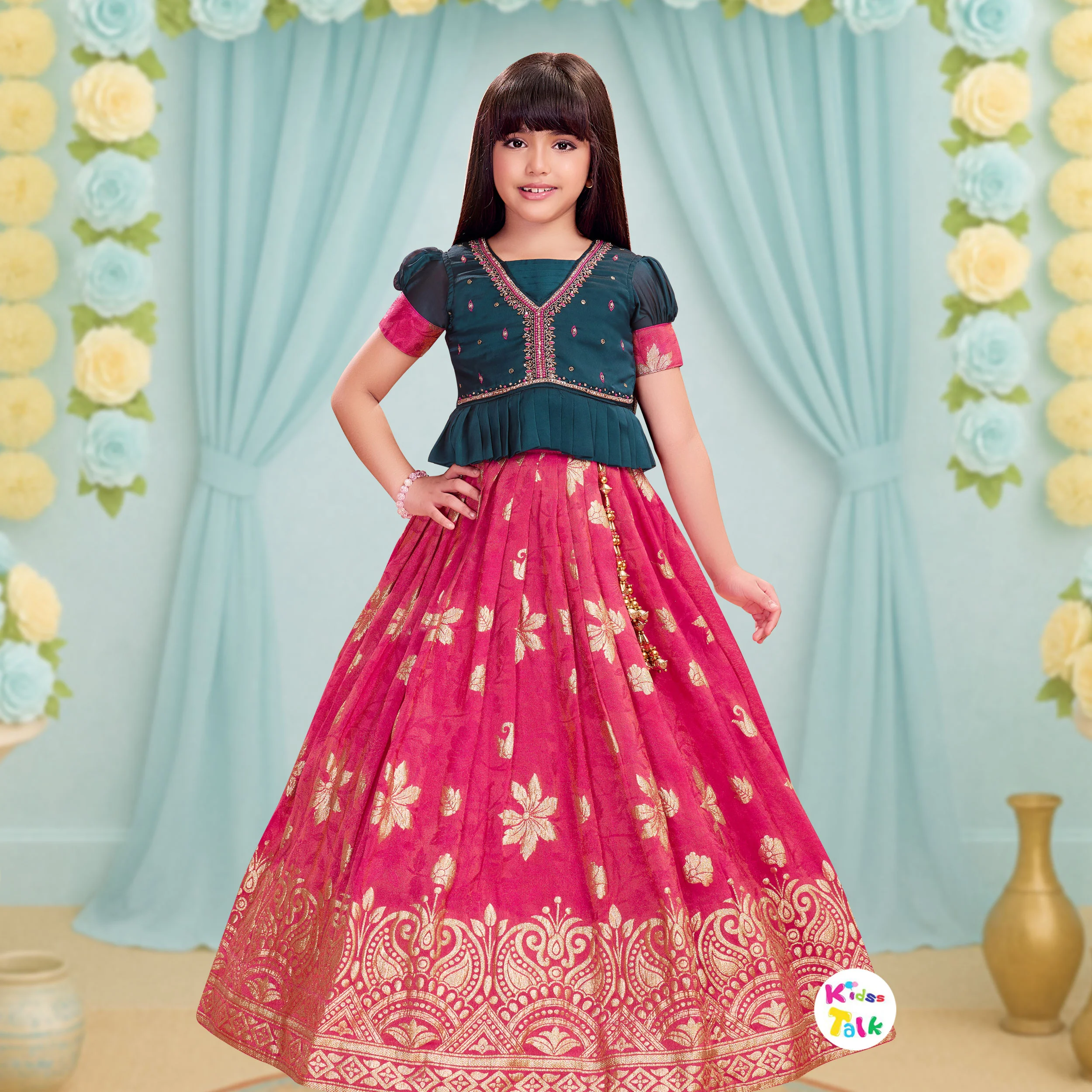 Silk Half Sleeve Embroidered Work Choli With Lehenga & Dupatta - Teal Blue