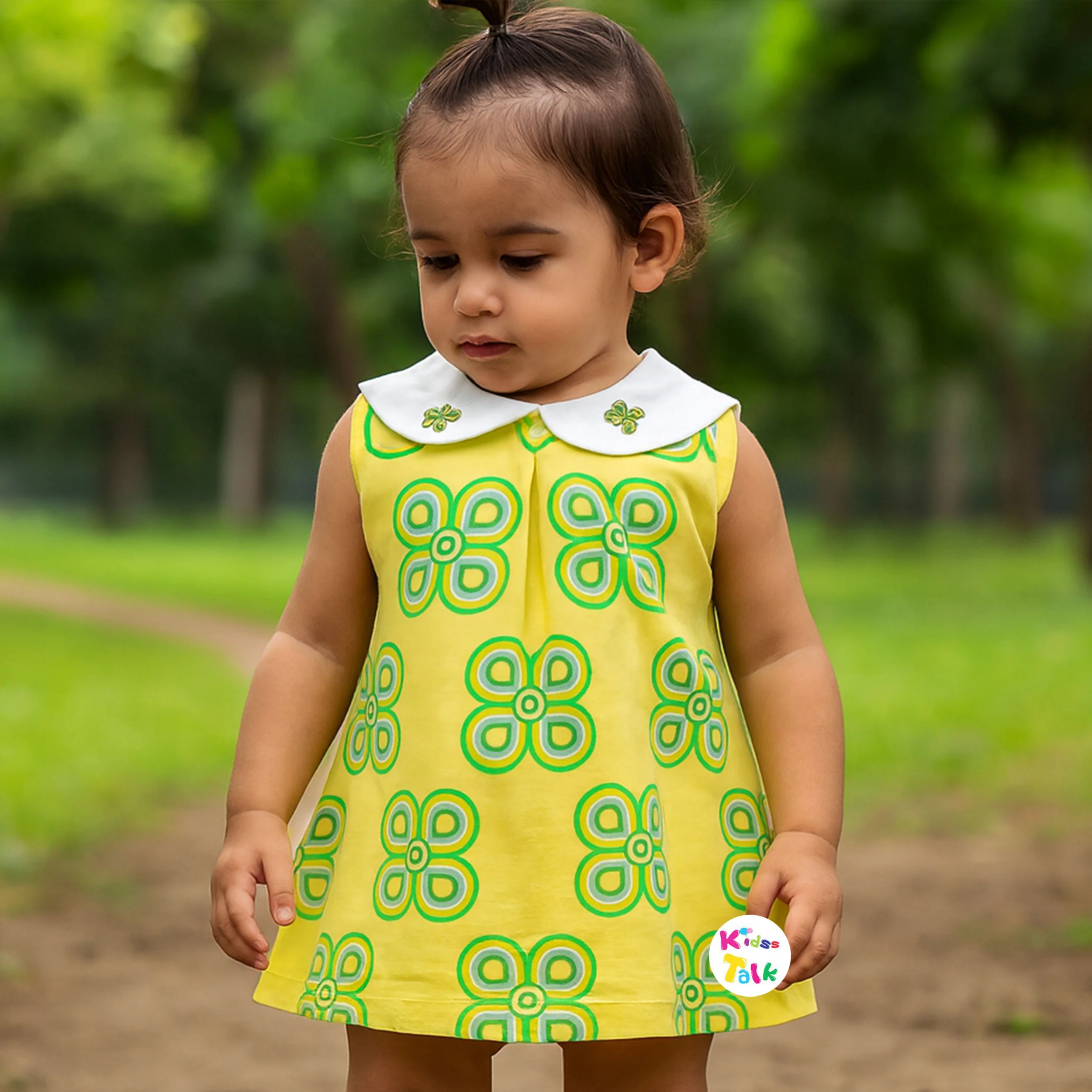 Cotton Sleeveless Frock With Cute Printed- Lemon Yellow
