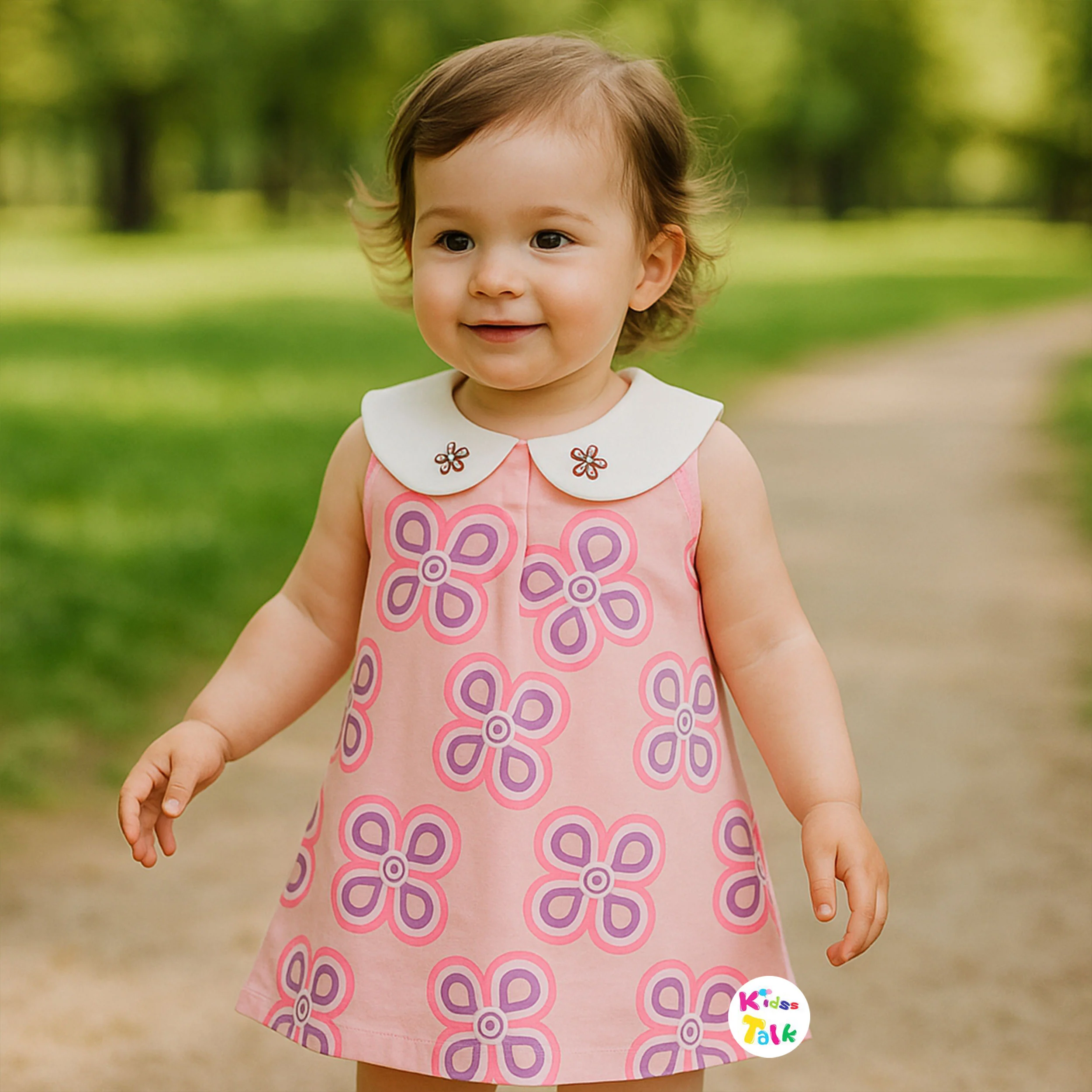 Cotton Sleeveless Frock With Cute Printed- Peach