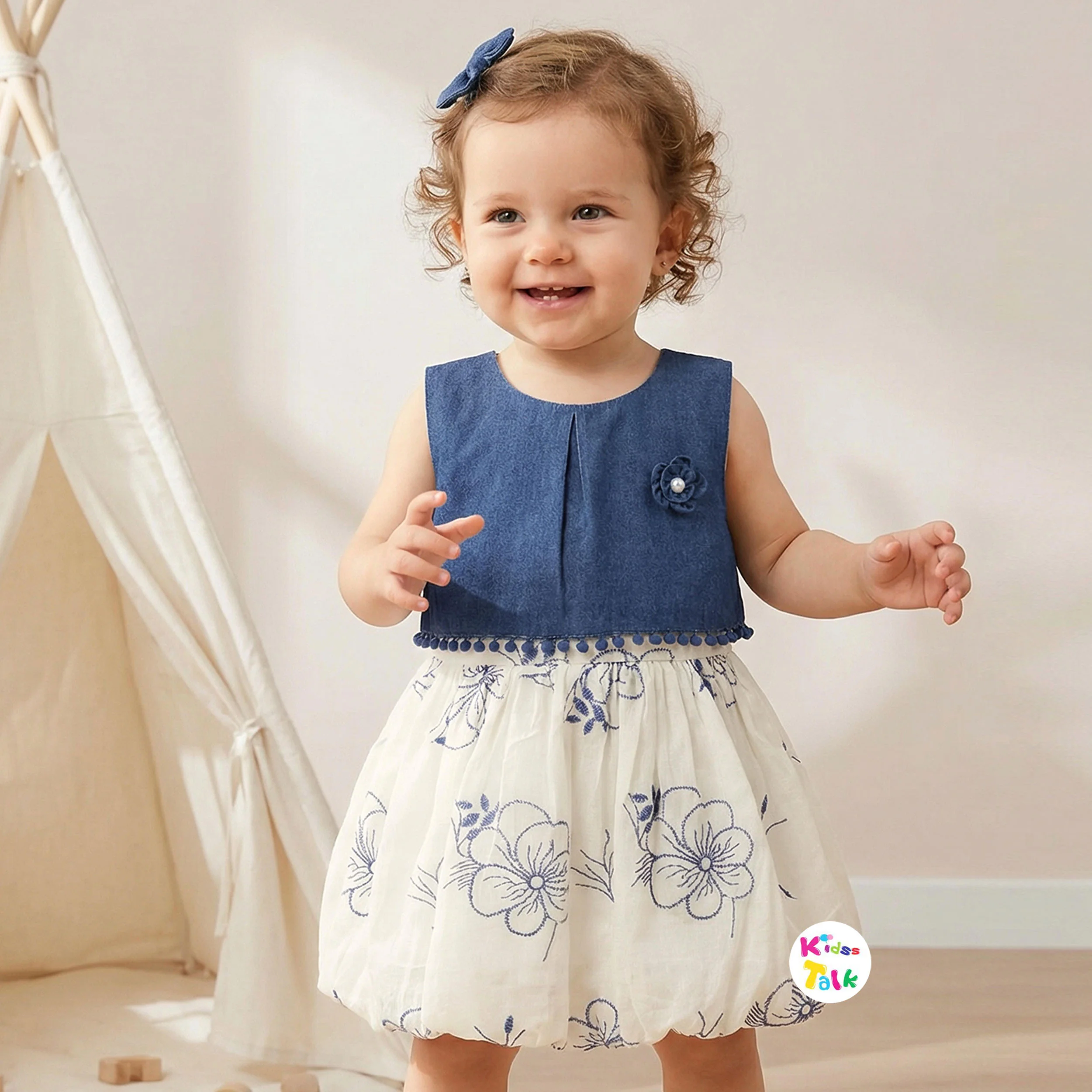Cute Cotton Sleeveless Printed Frock - Blue