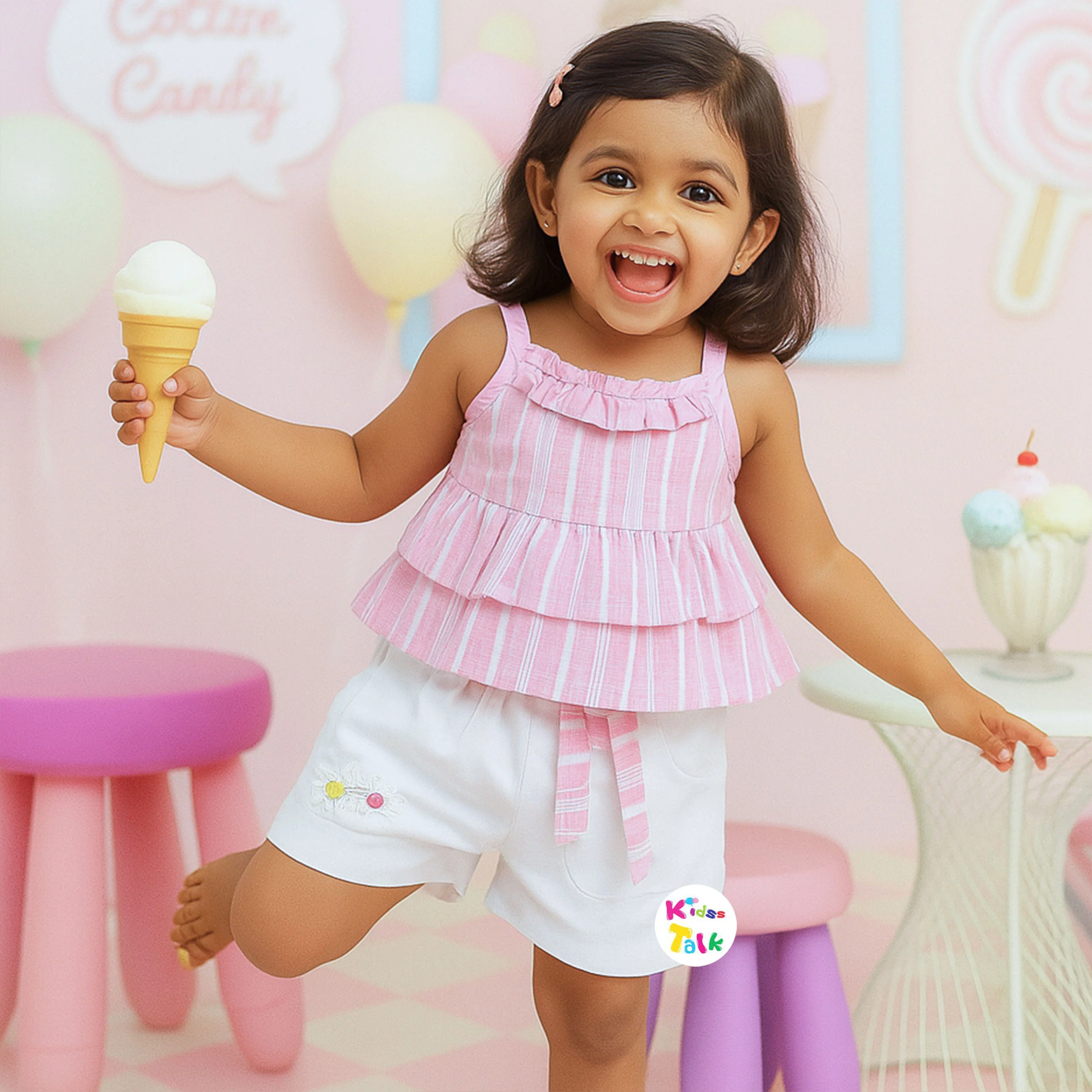 Cotton Sleeveless Half Pant Set With Striped - Baby Pink