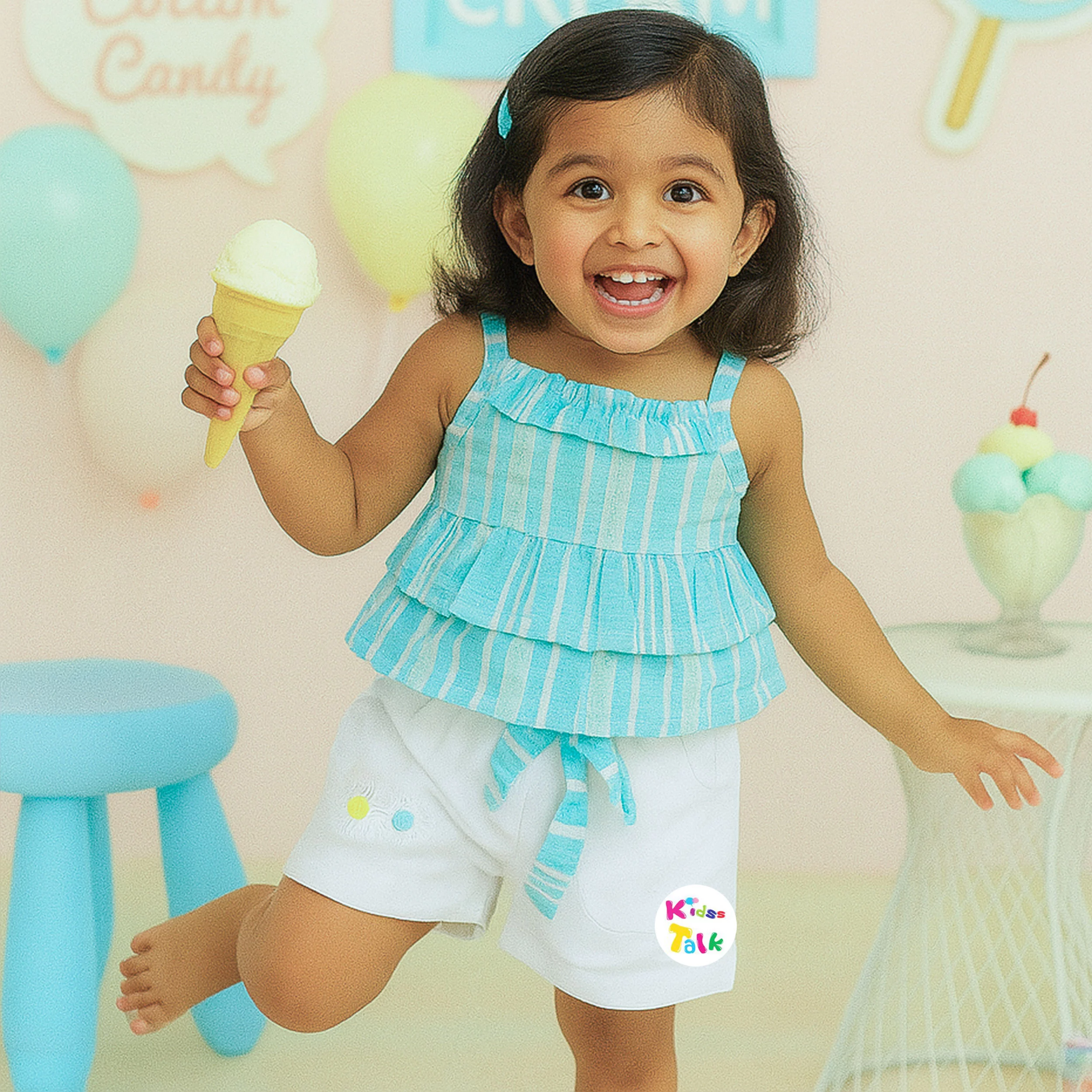 Cotton Sleeveless Half Pant Set With Striped - Ice Blue