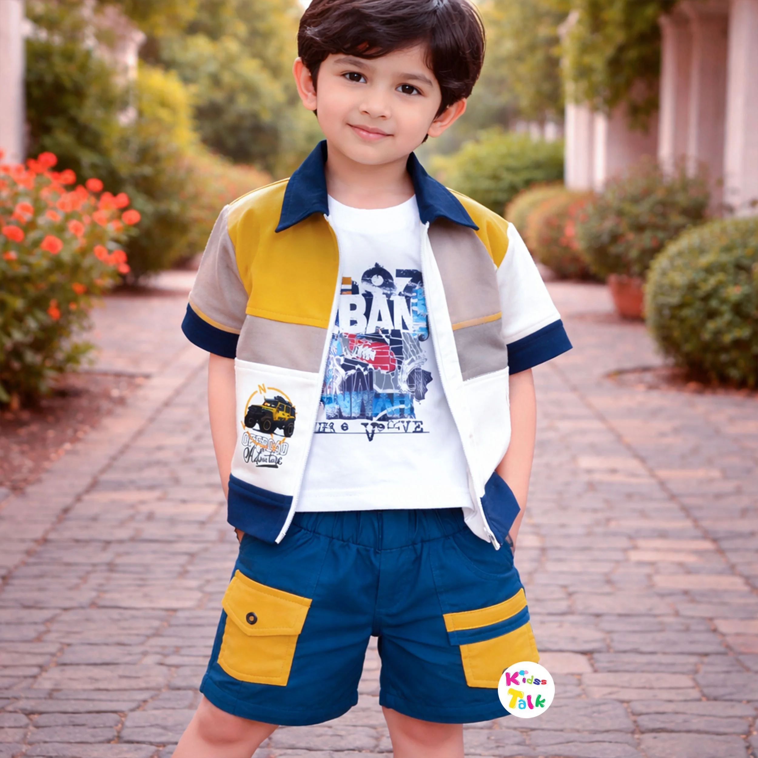 Soft Poly Blend Half Sleeve Half Pant Set With Jacket - Navy Blue