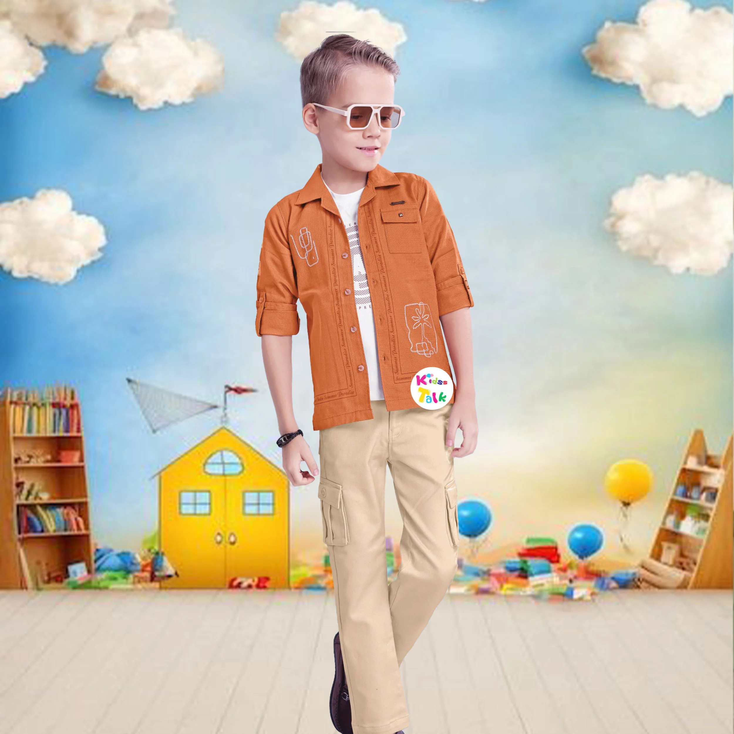 Cotton Full Sleeve Shirt With T-shirt & Full Pant - Rust Orange