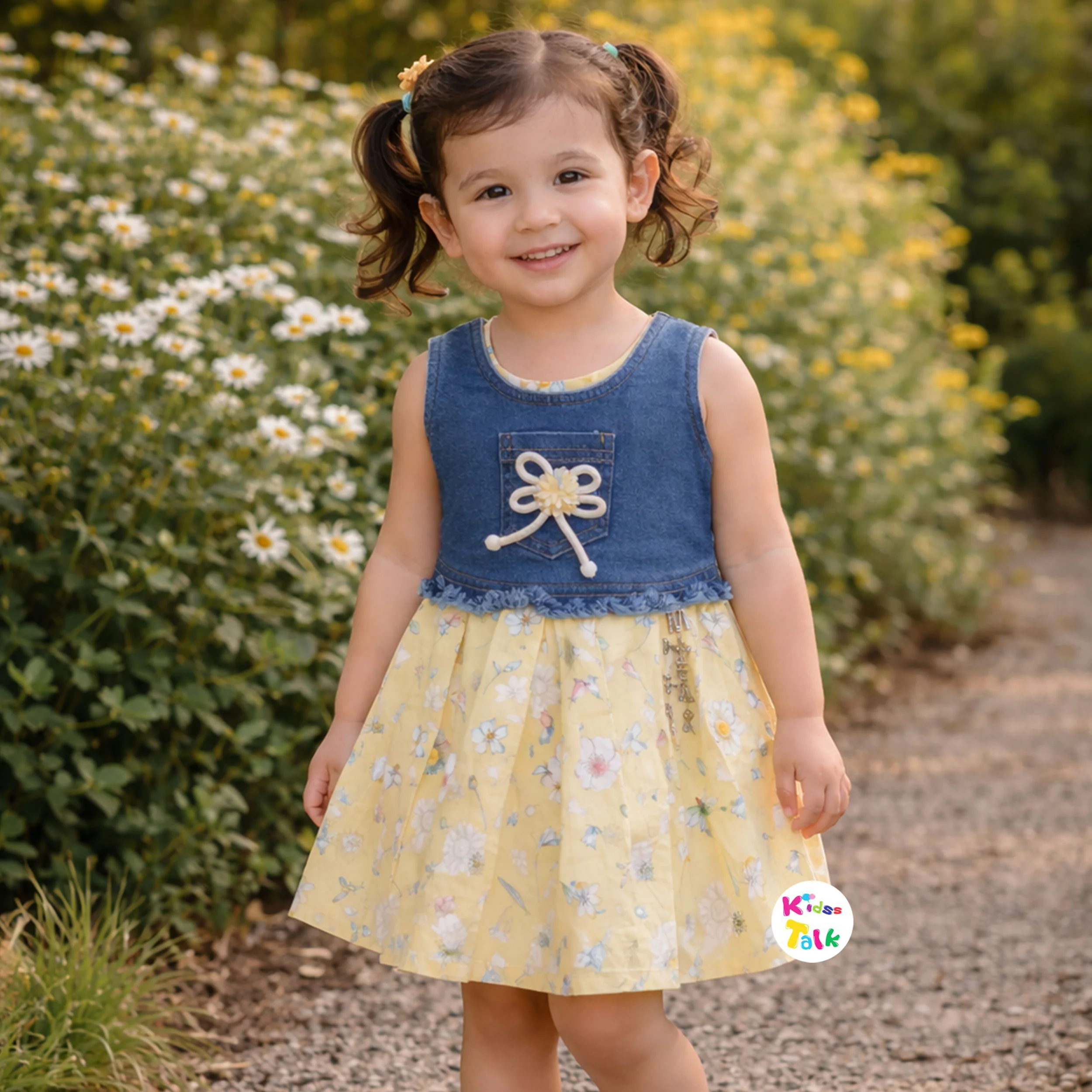 Denim Sleeveless Frock With Cute Print- Lemon Yellow