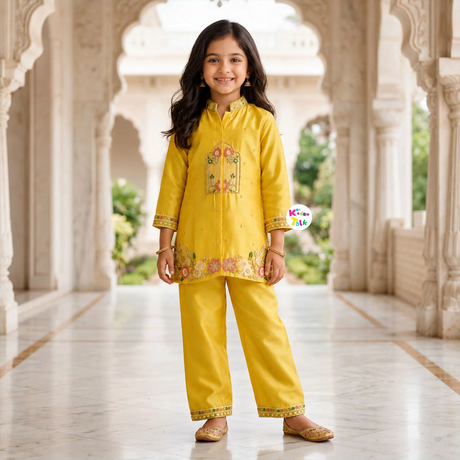 Satin Full Sleeve Embroidered Work Kurta With Pant - Yellow