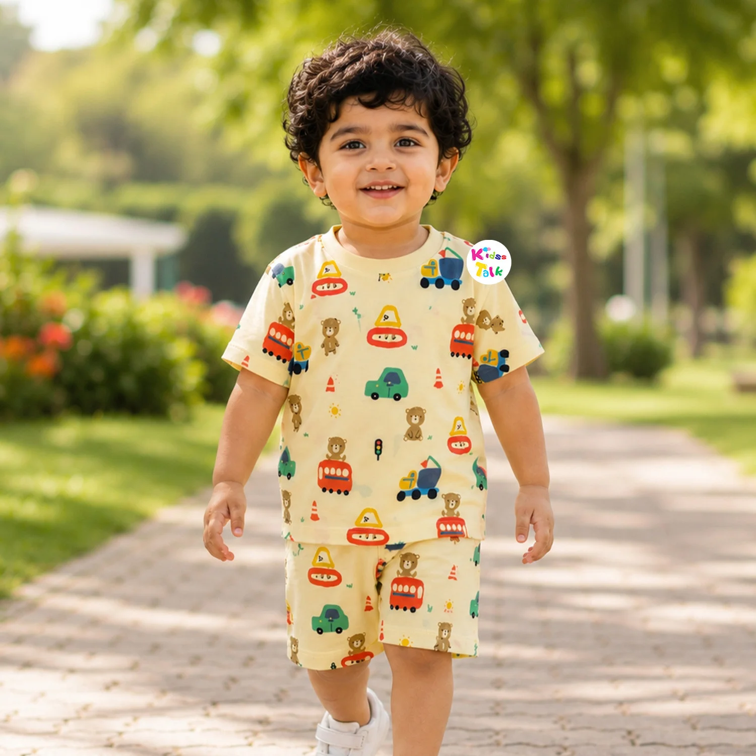 Cotton Half Sleeve T-shirt Set With Cute All Over Print - Lemon Yellow