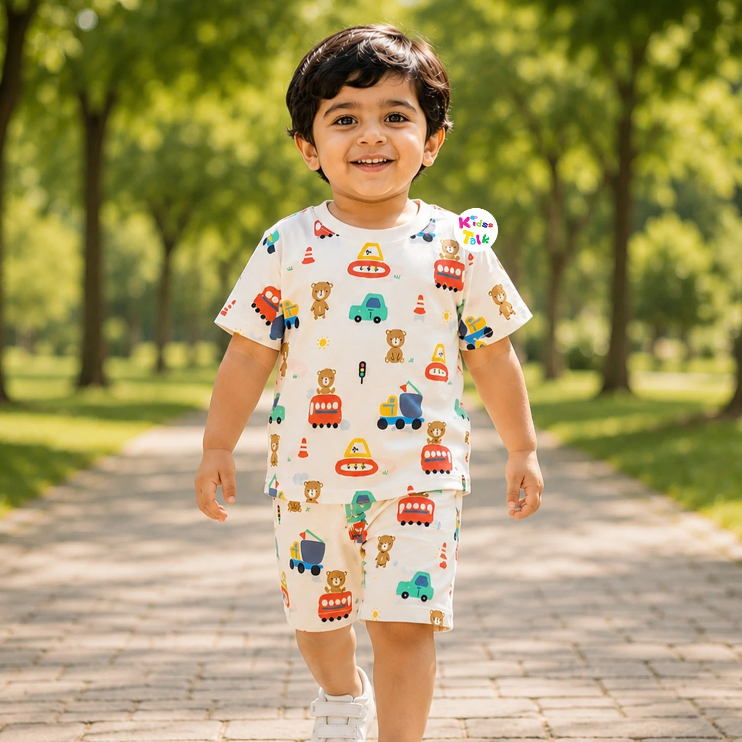 Cotton Half Sleeve T-shirt Set With Cute All Over Print - White