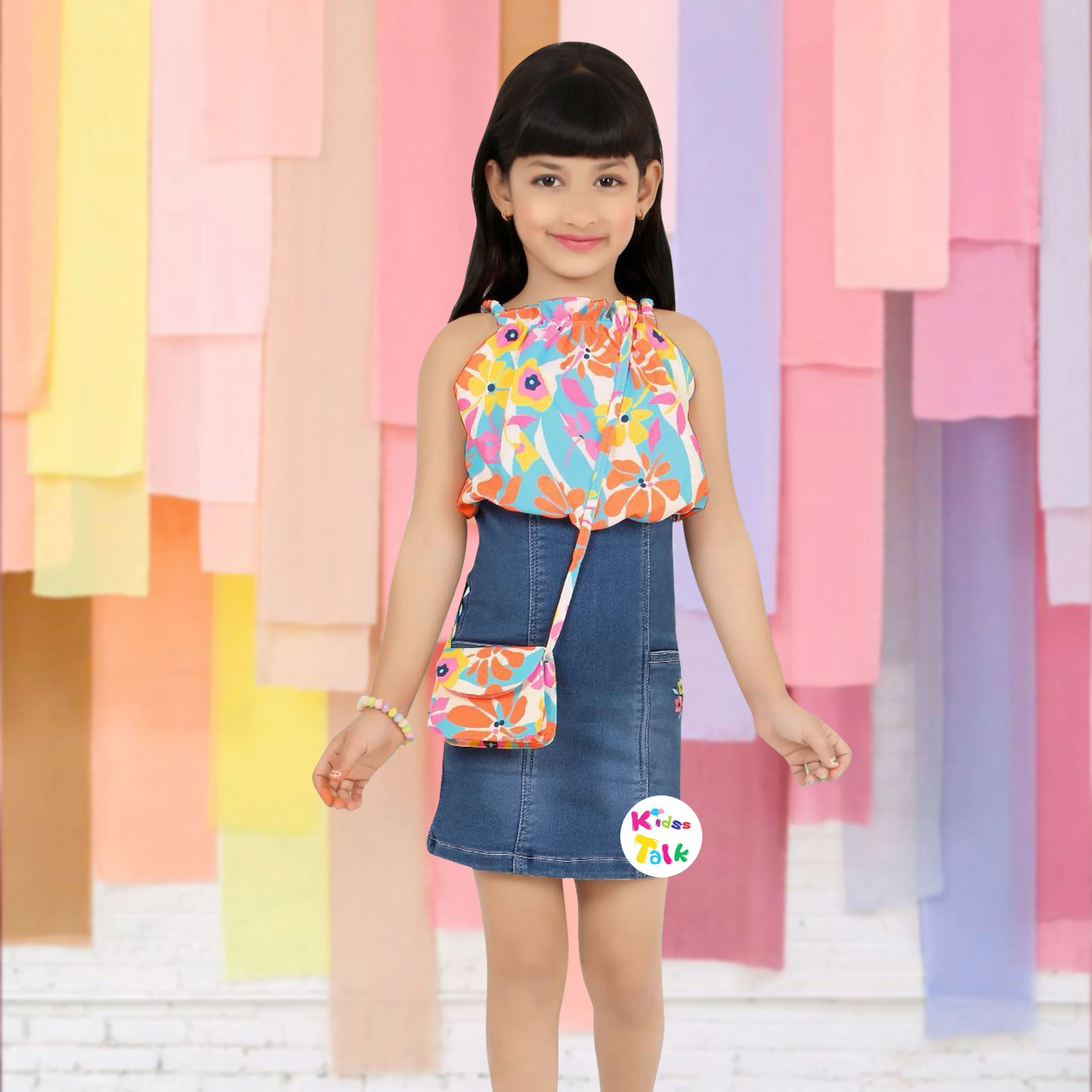 Denim Sleeveless Party Frock With Flower Applique - Multicolour