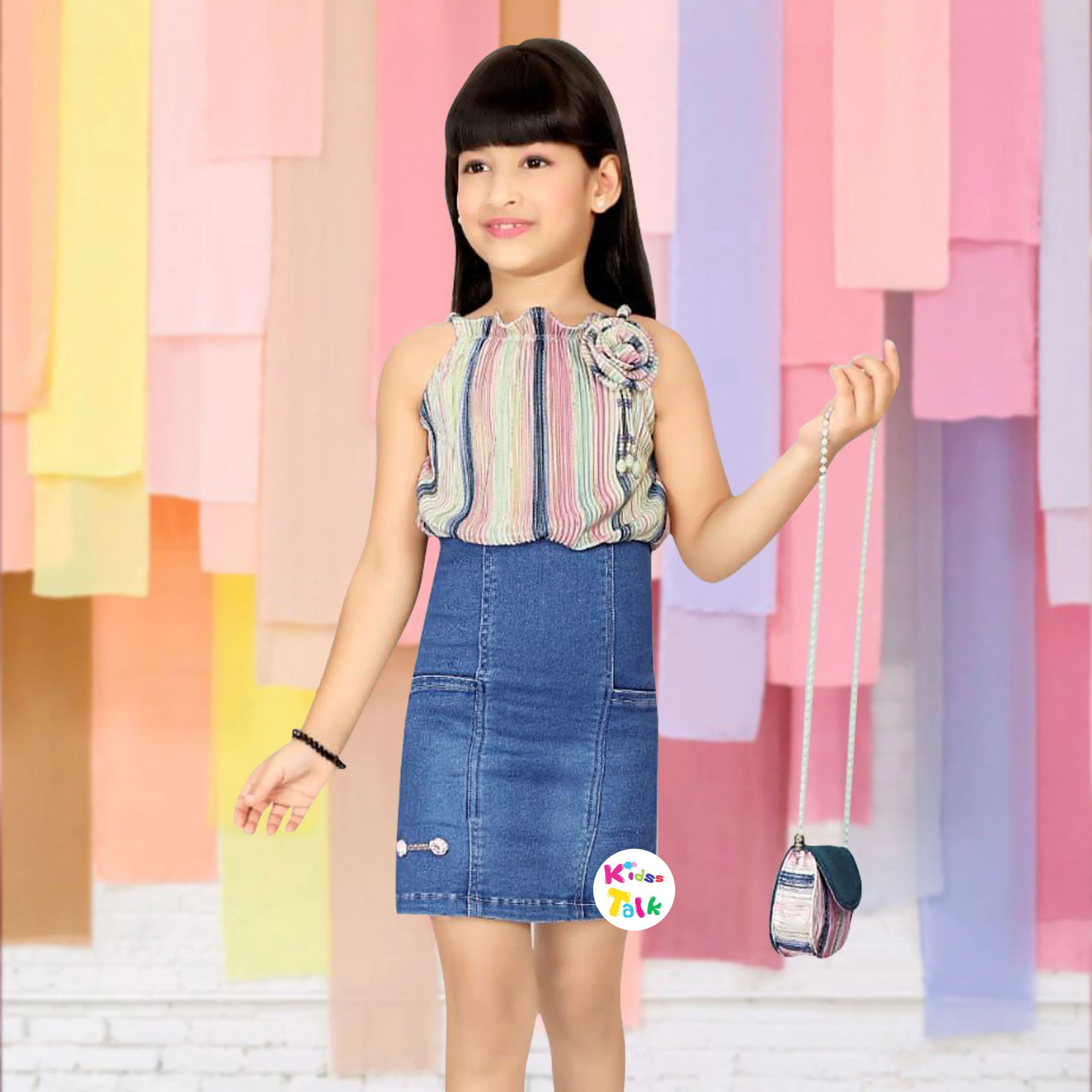 Denim Sleeveless Party Frock With Flower Applique - Denim Blue