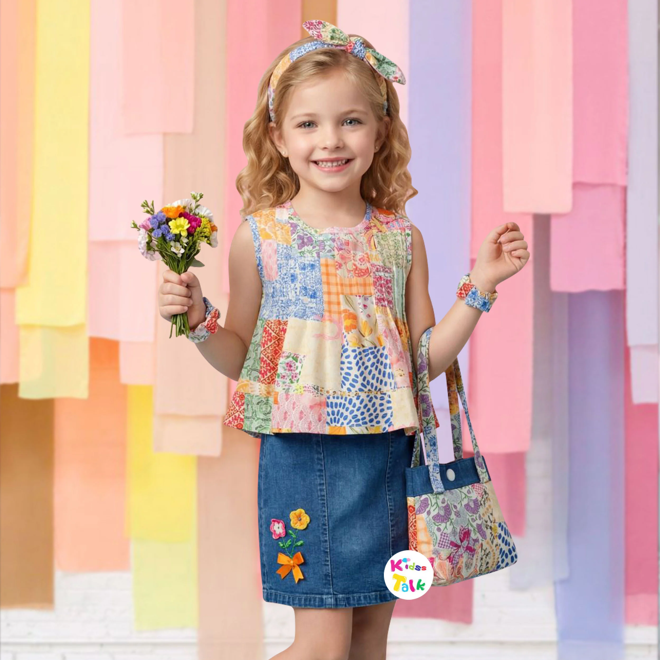 Denim Sleeveless Party Frock With Flower Applique - Lemon Yellow