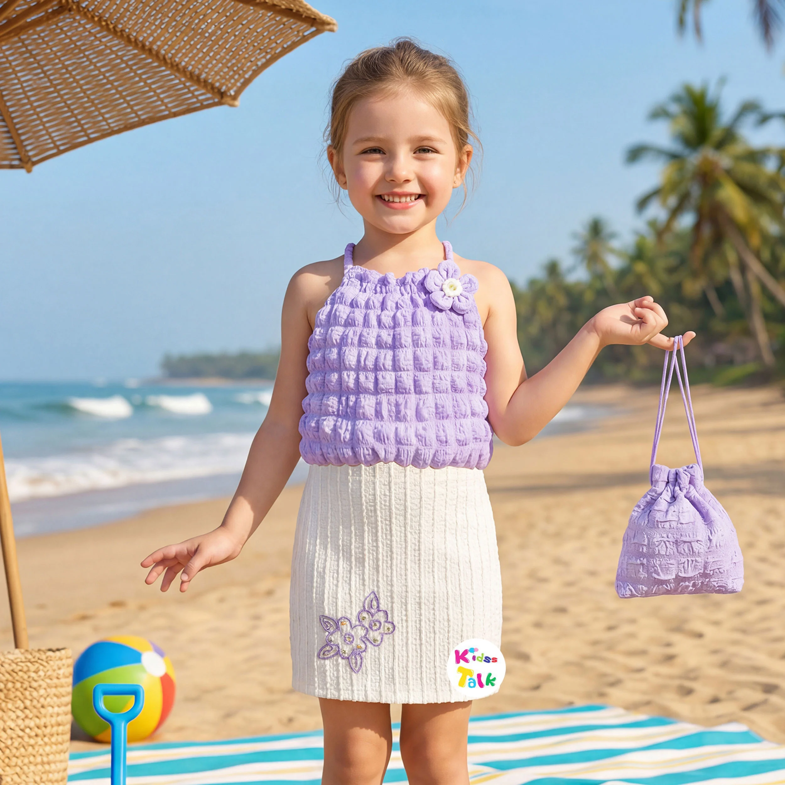 Cotton Sleeveless Party Frock With Flower Applique - Lavender