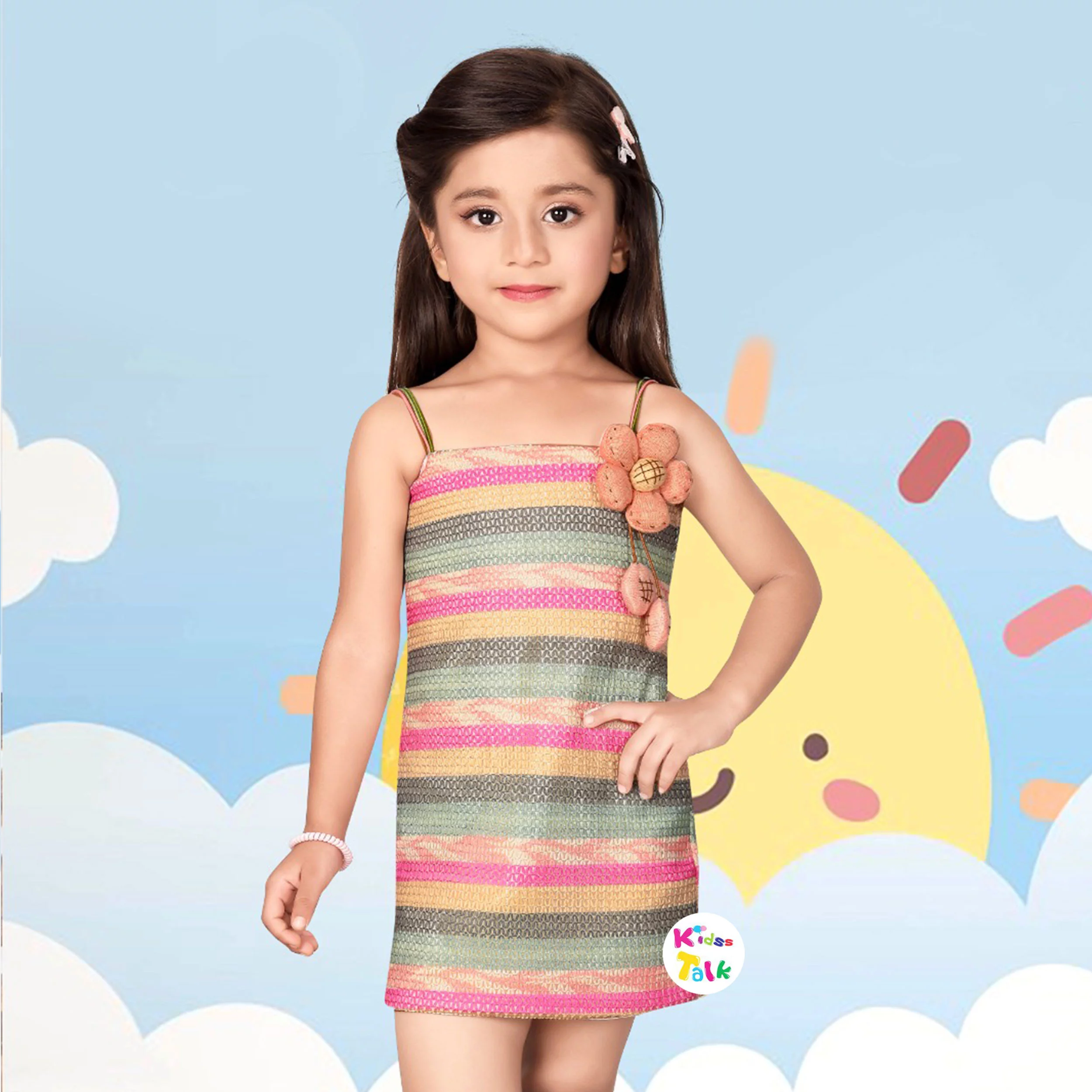 Cotton Knitted Sleeveless Frock With Patch Work - Multicolour