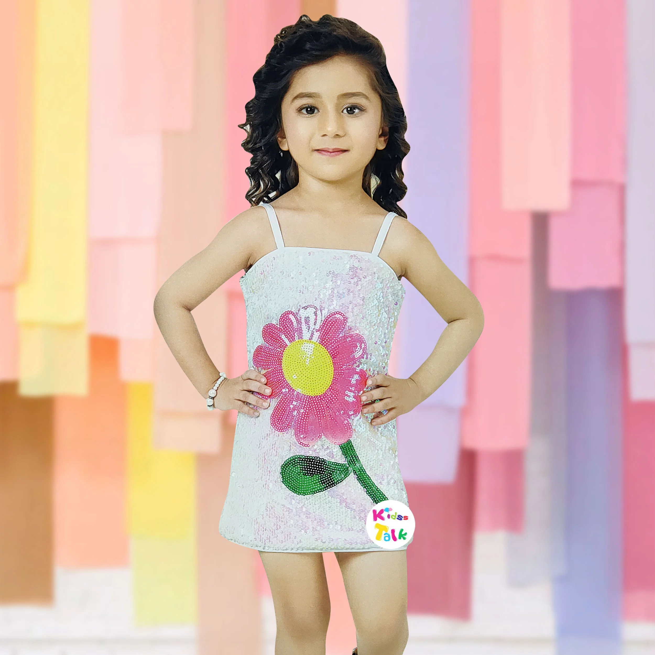 Sequins Sleeveless Party Frock With Flower Applique - Cream