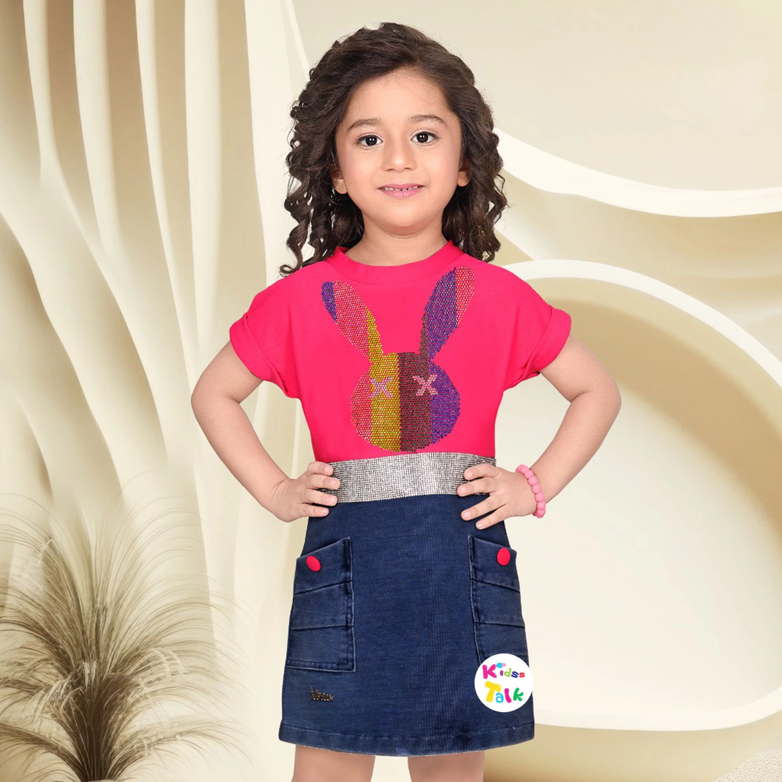 Cute Half Sleeve Frock With Beads Work - Hot Pink