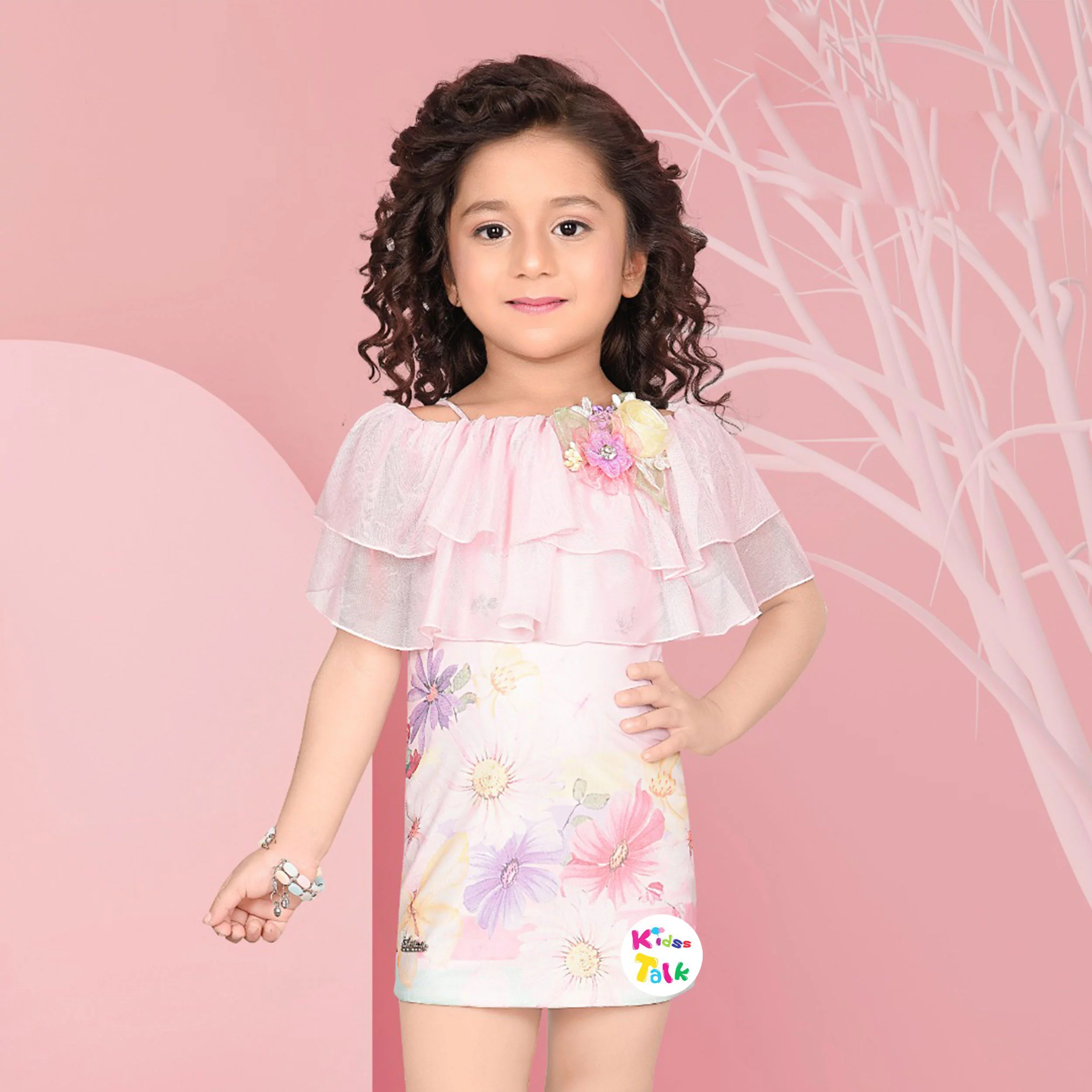 Net Sleeveless Party Frock With Floral Printed- Baby Pink
