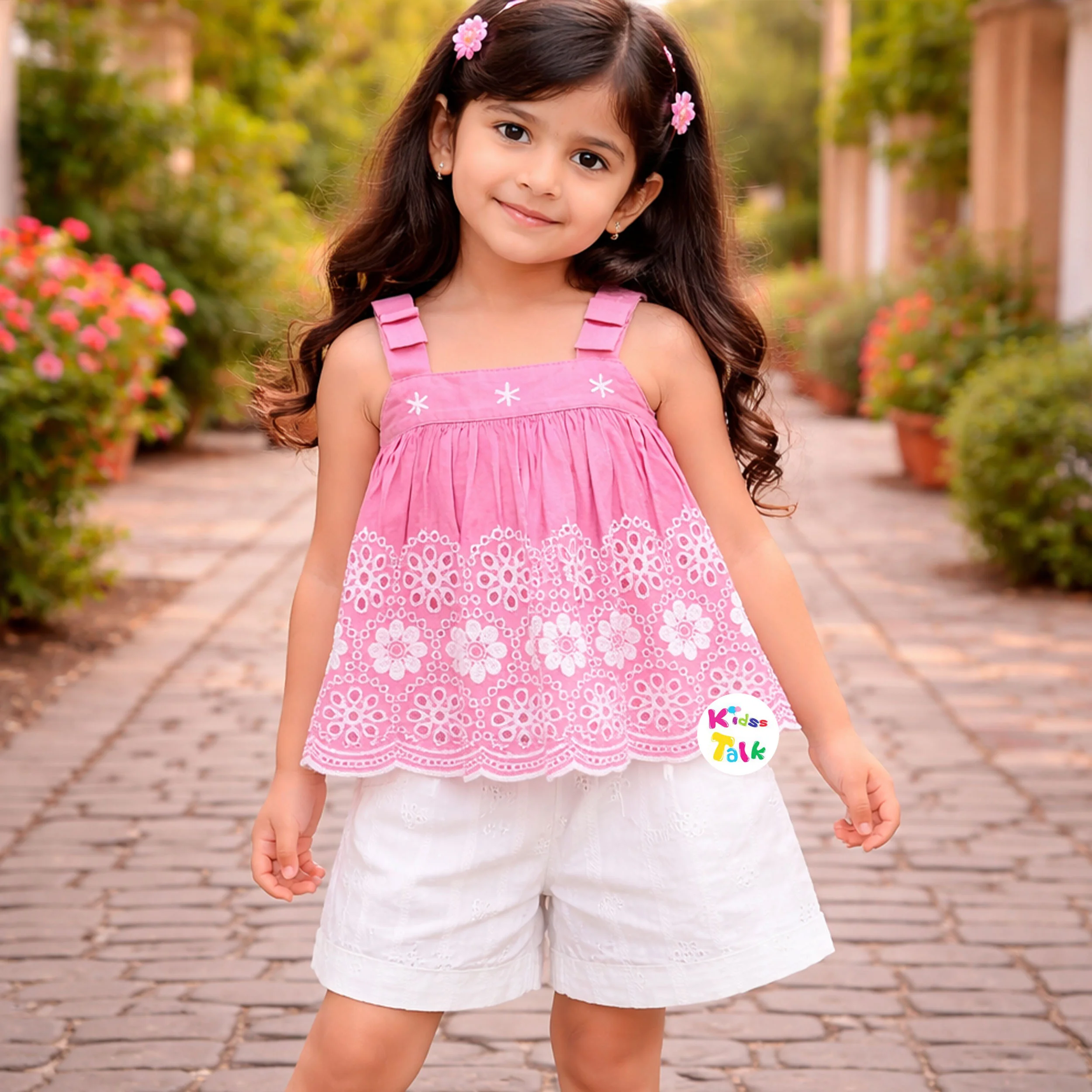 Cotton Sleeveless Half Pant Set With Embroidered - Baby Pink