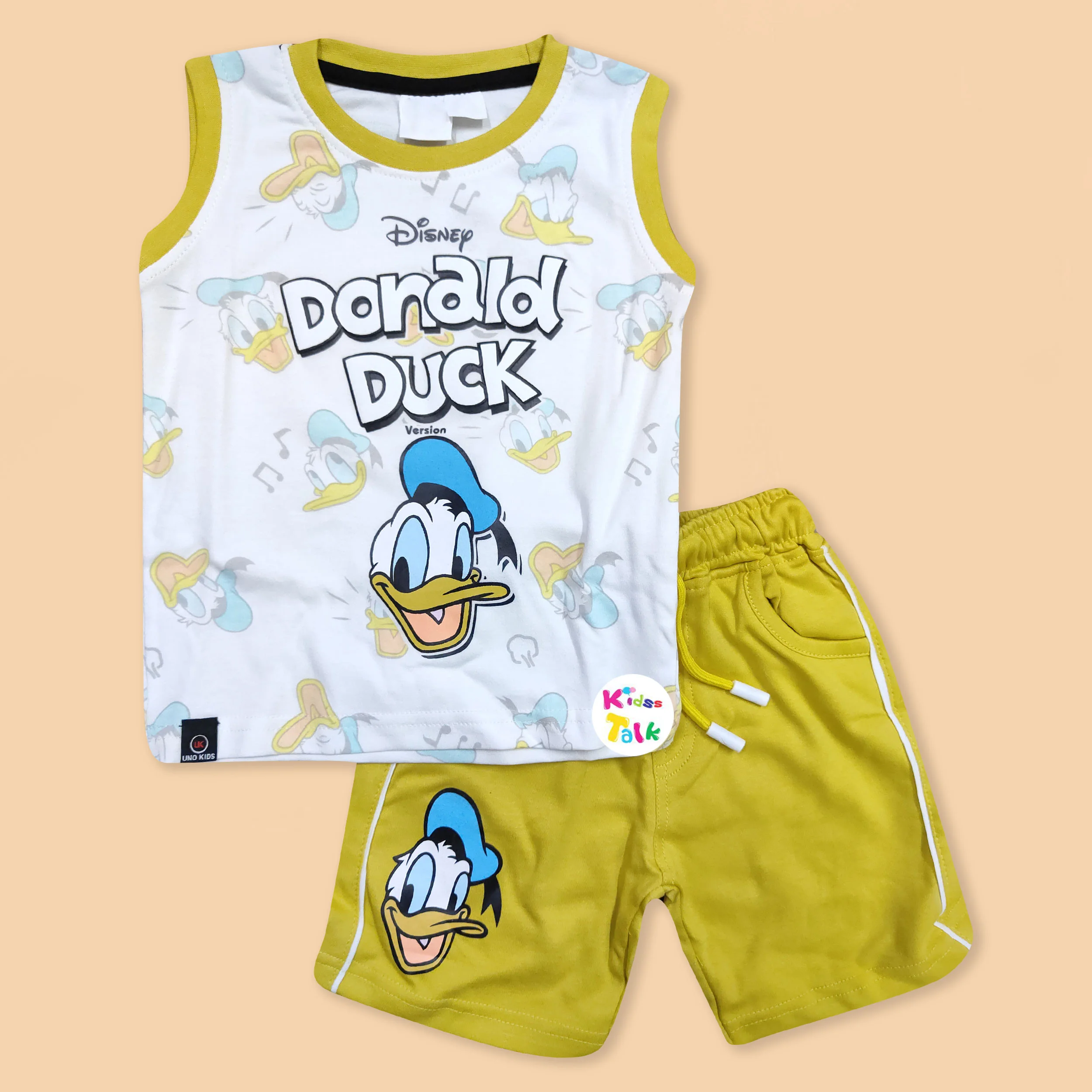 Cotton Knitted Sleeveless T-shirt Set With Cute Print - Lemon Yellow