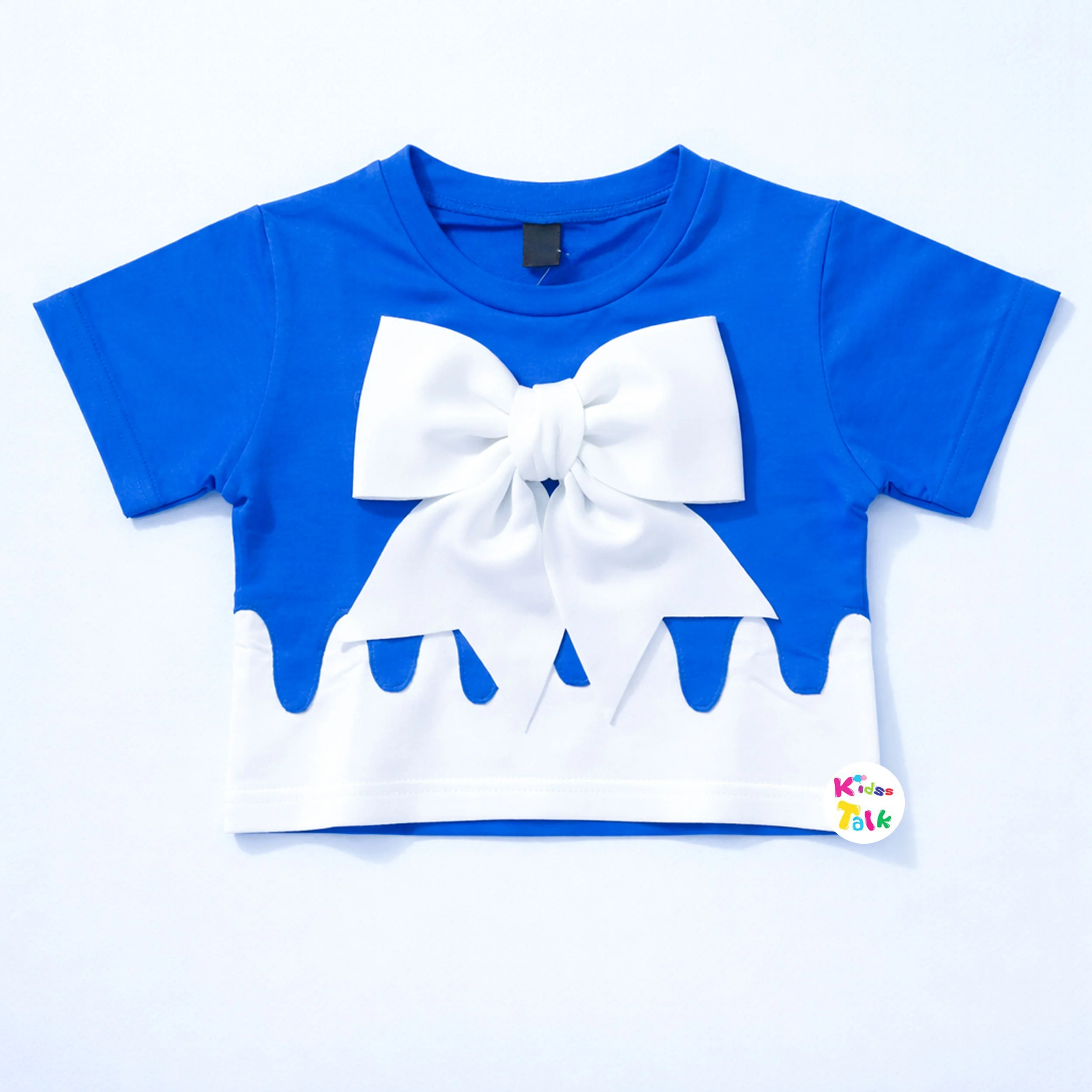 Cotton Knitted Half Sleeve Top With Bow - Blue