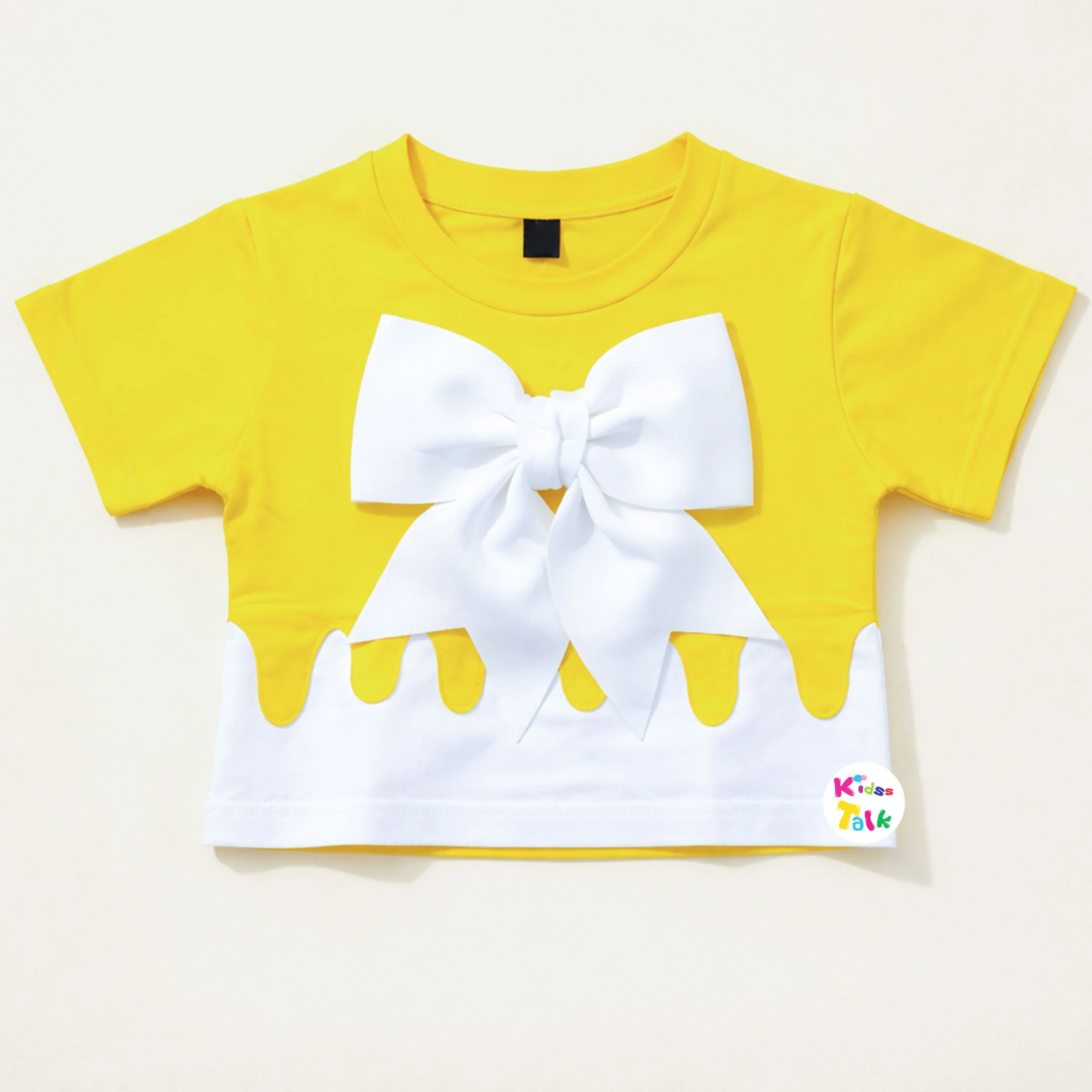 Cotton Knitted Half Sleeve Top With Bow - Lemon Yellow