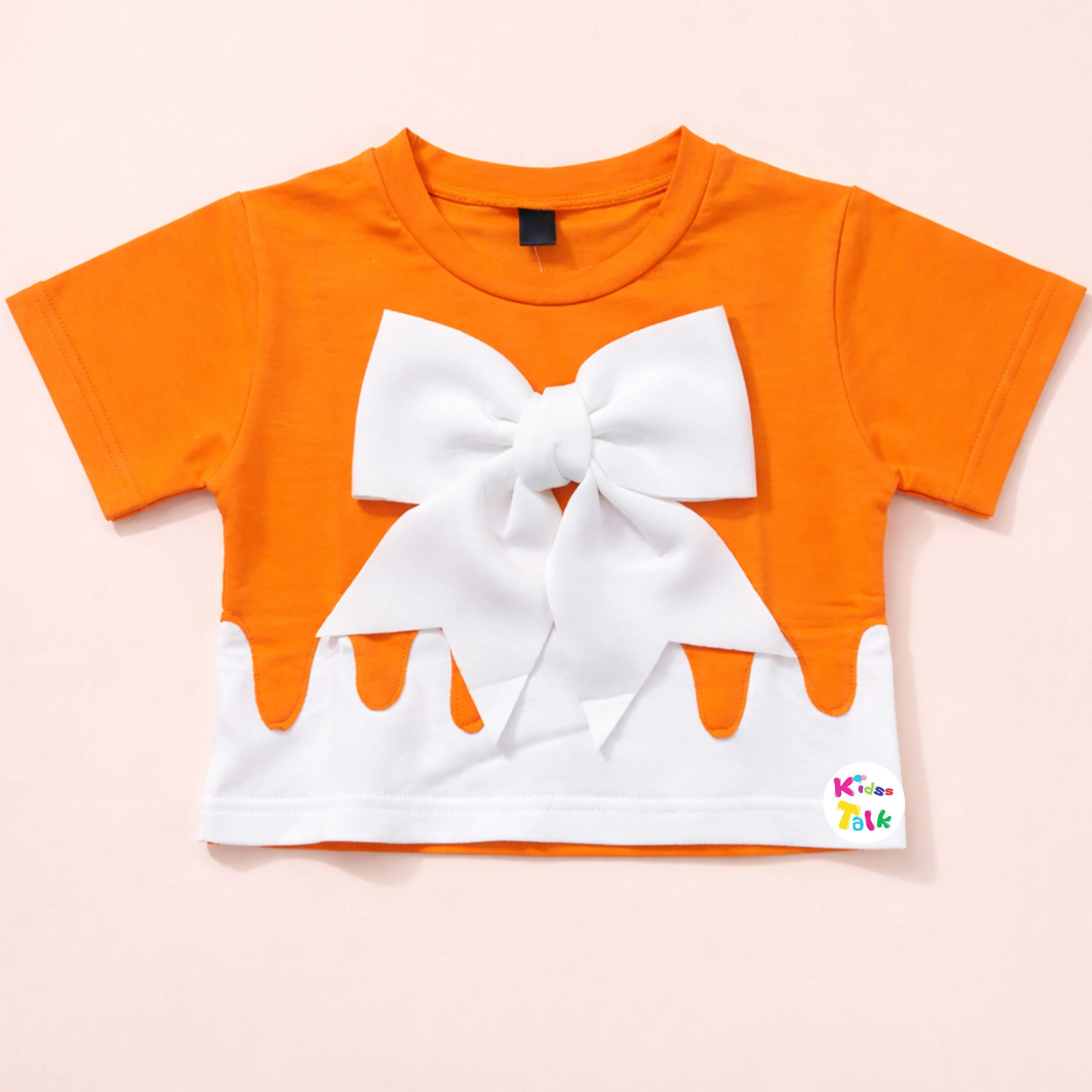 Cotton Knitted Half Sleeve Top With Bow - Orange
