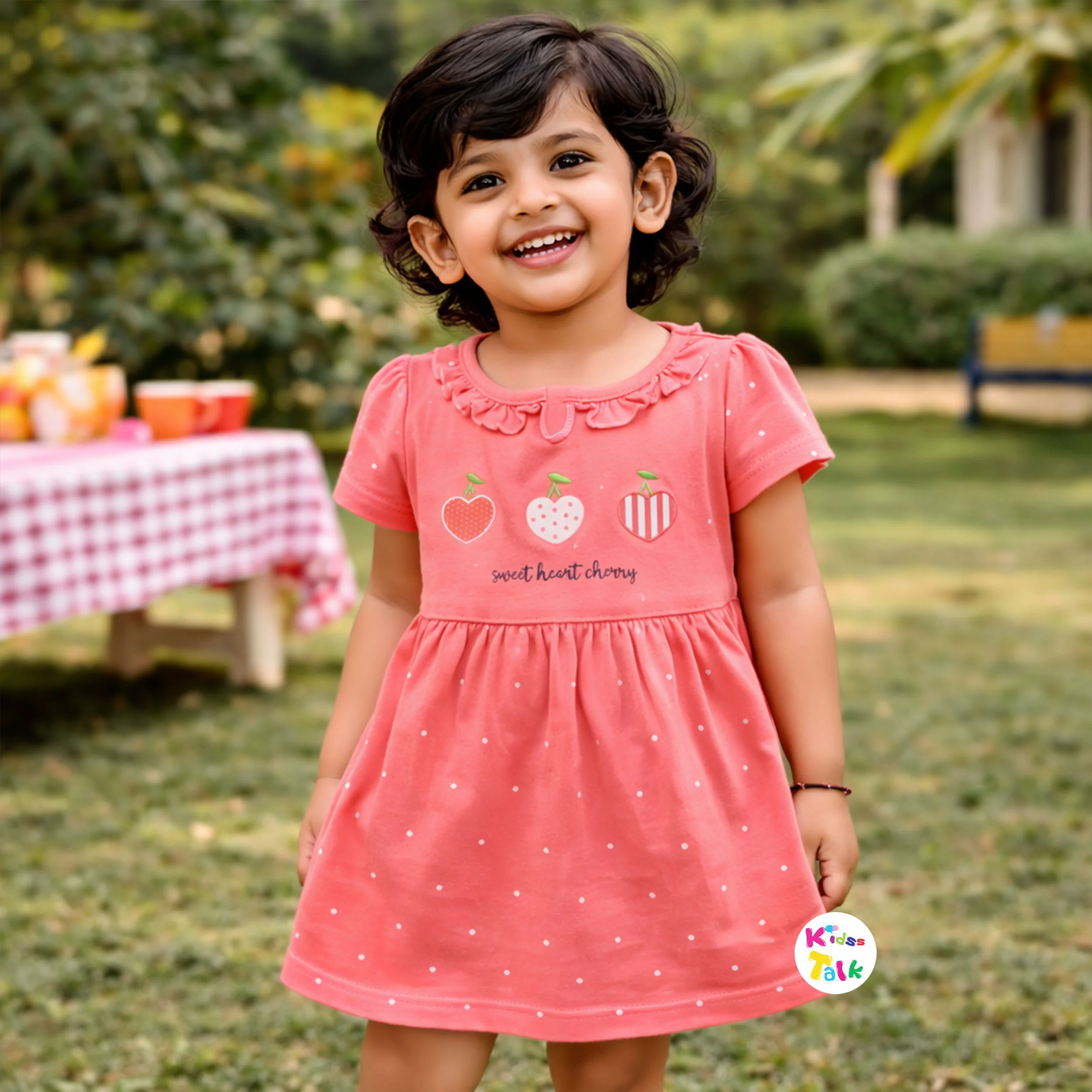 Cotton Knitted Half Sleeve Frock With Cute Print - Tomato Red