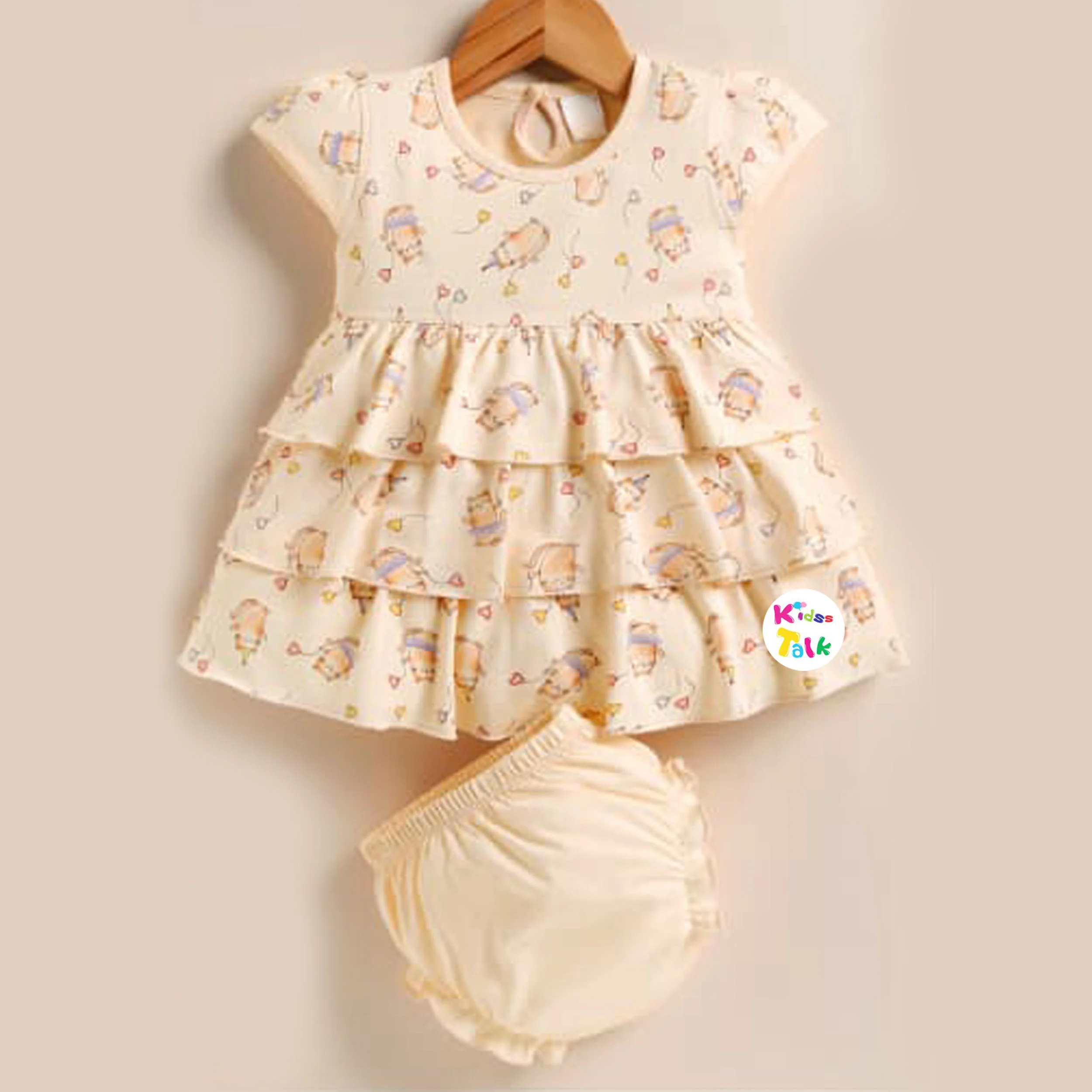 Cotton Knitted Half Sleeve Frock With Cute Print - Peach