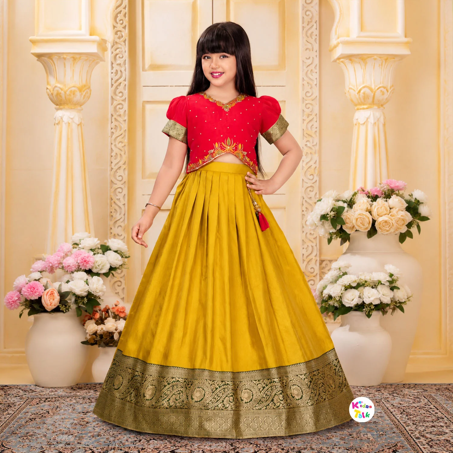 Silk Puff Sleeve Embroidered Work Choli With Lehenga & Dupatta - Mustard