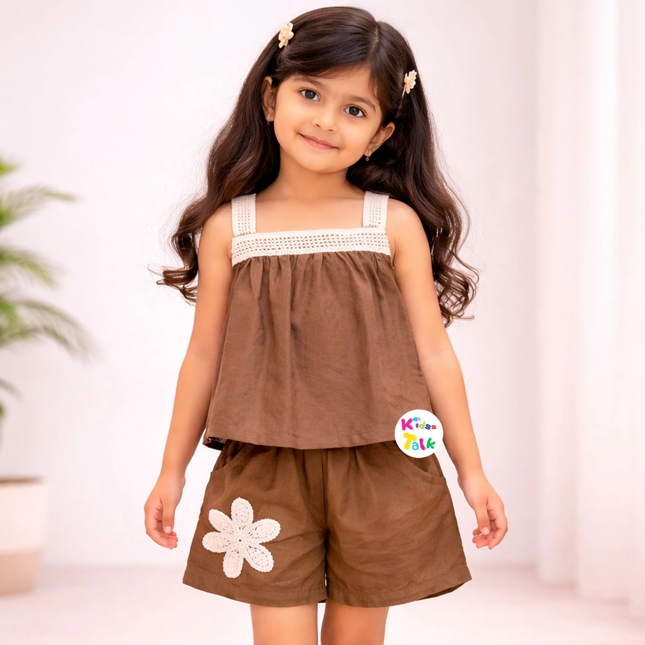 Cotton Sleeveless Half Pant Set With Embroidered - Brown