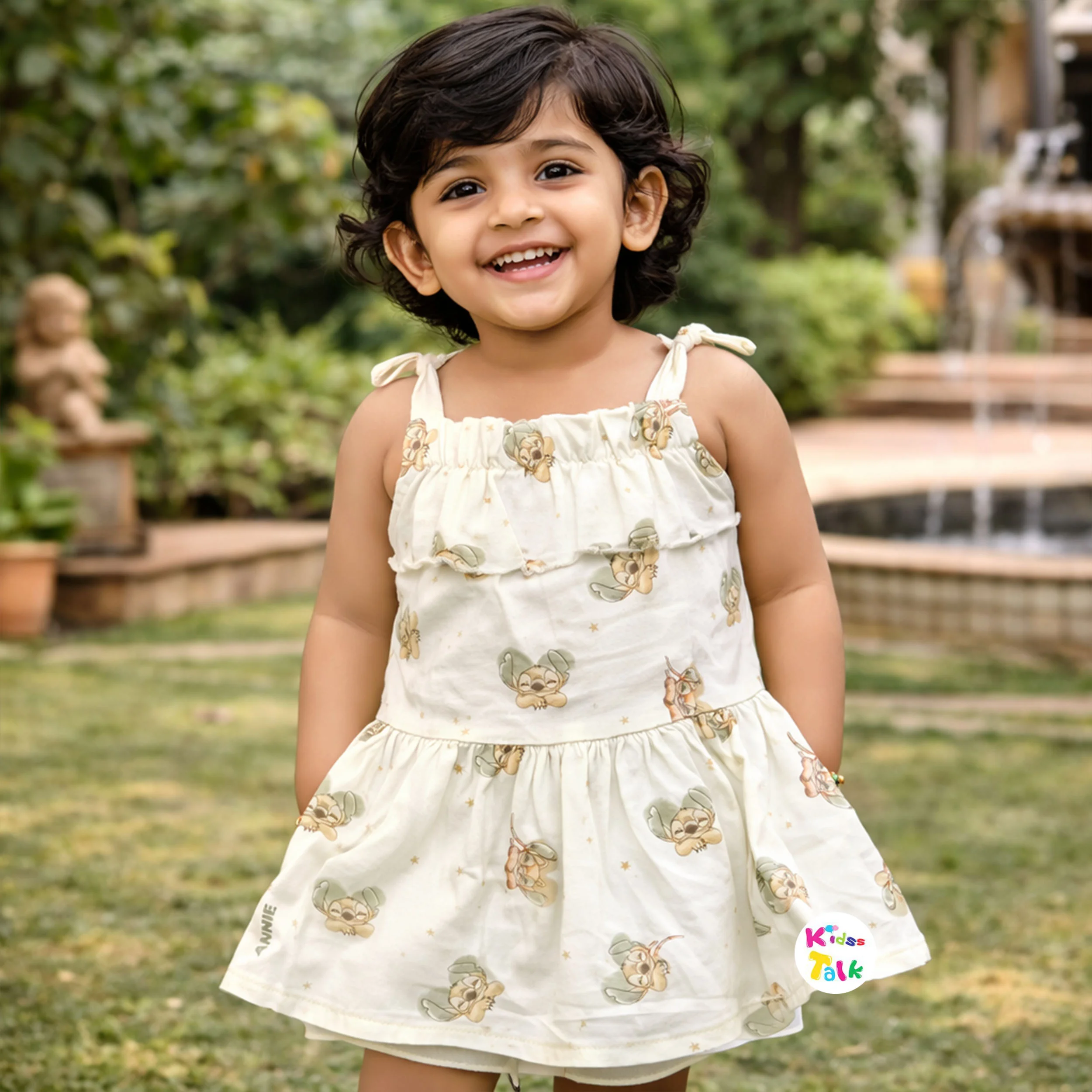 Cotton Knitted Sleeveless Frock With Cute Print - Cream