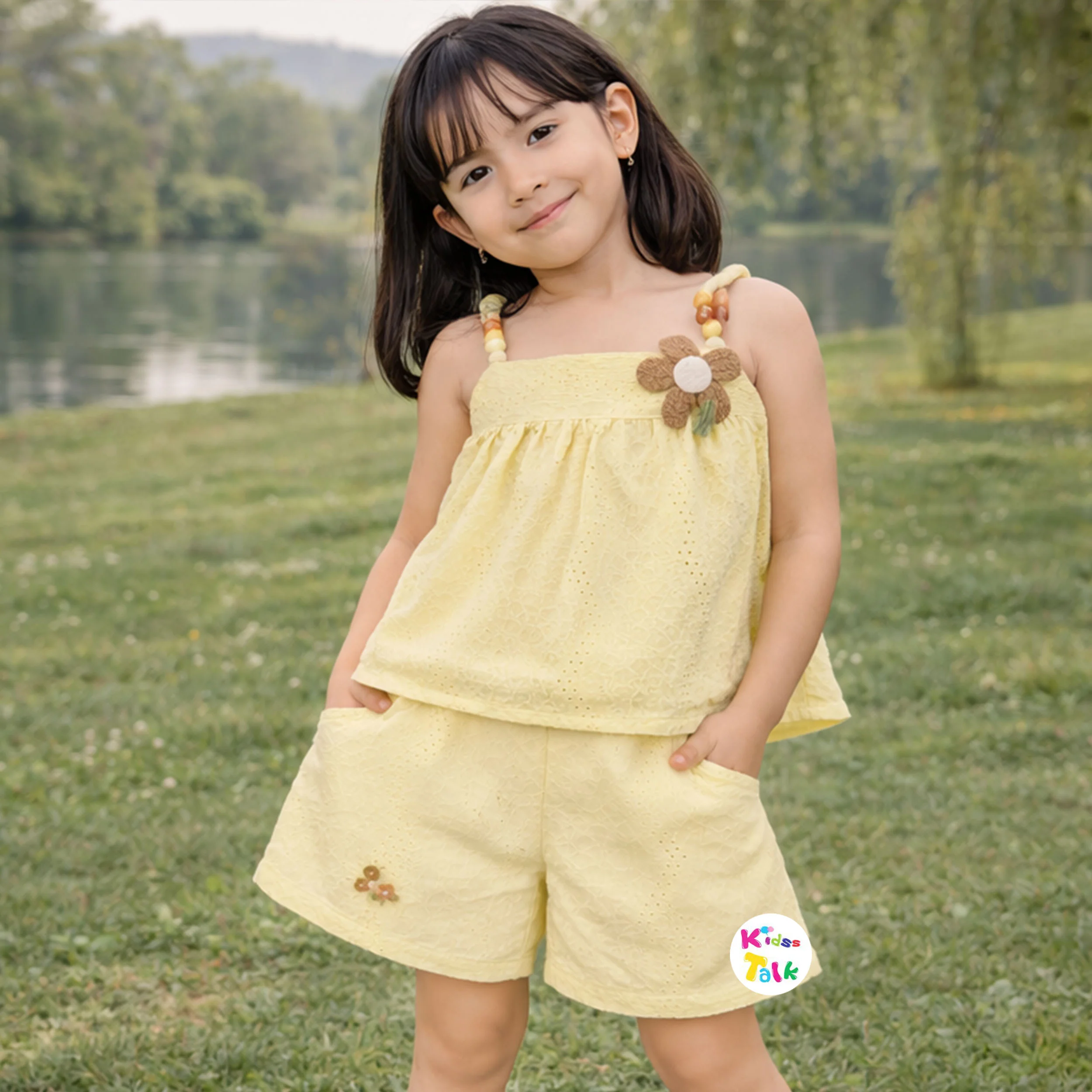 Cotton Sleeveless Half Pant Set With Embroidered - Lemon Yellow