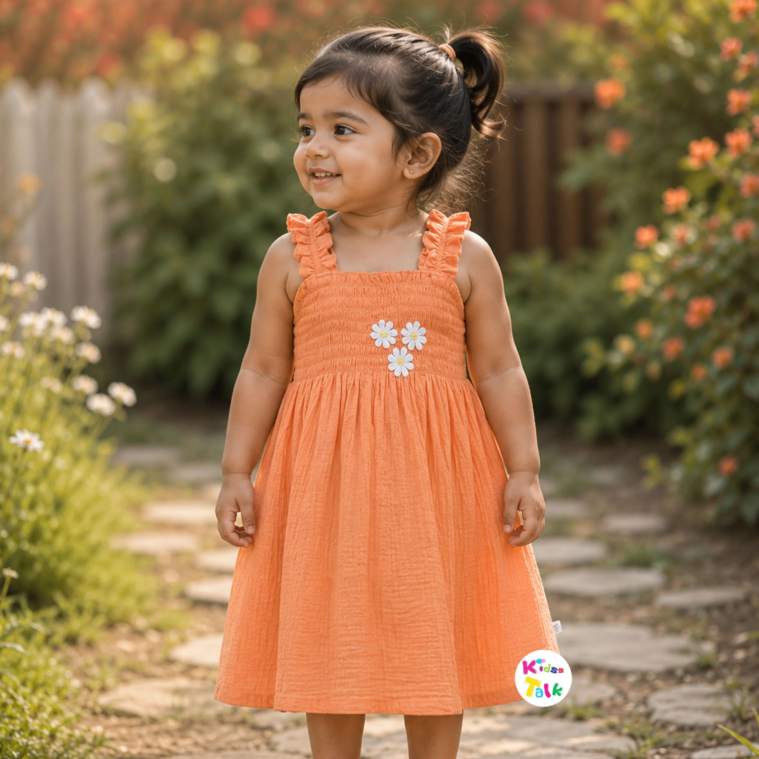Cute Muslin Sleeveless Frock With Flower Patch Work - Orange
