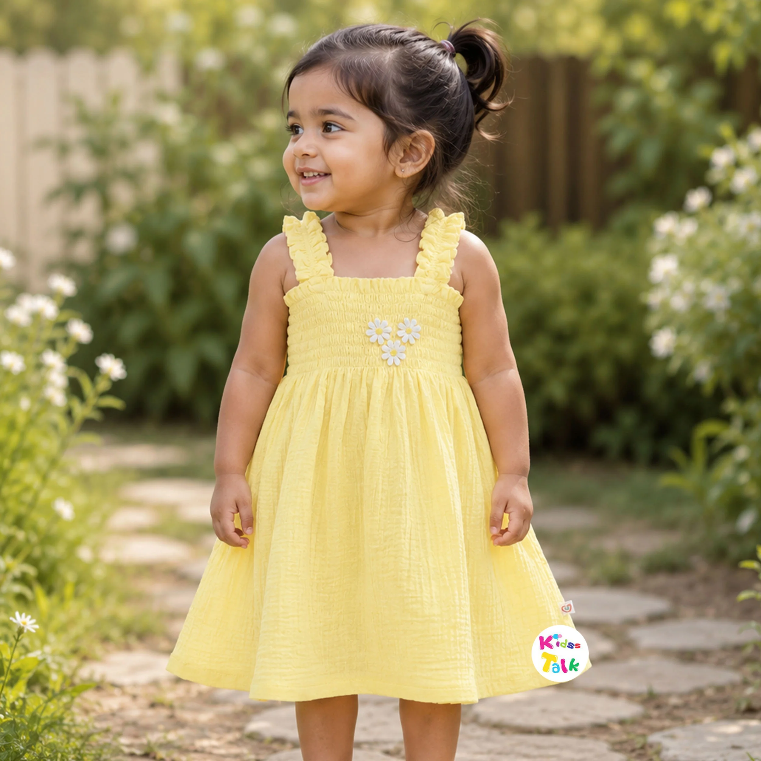 Cute Muslin Sleeveless Frock With Flower Patch Work - Lemon Yellow