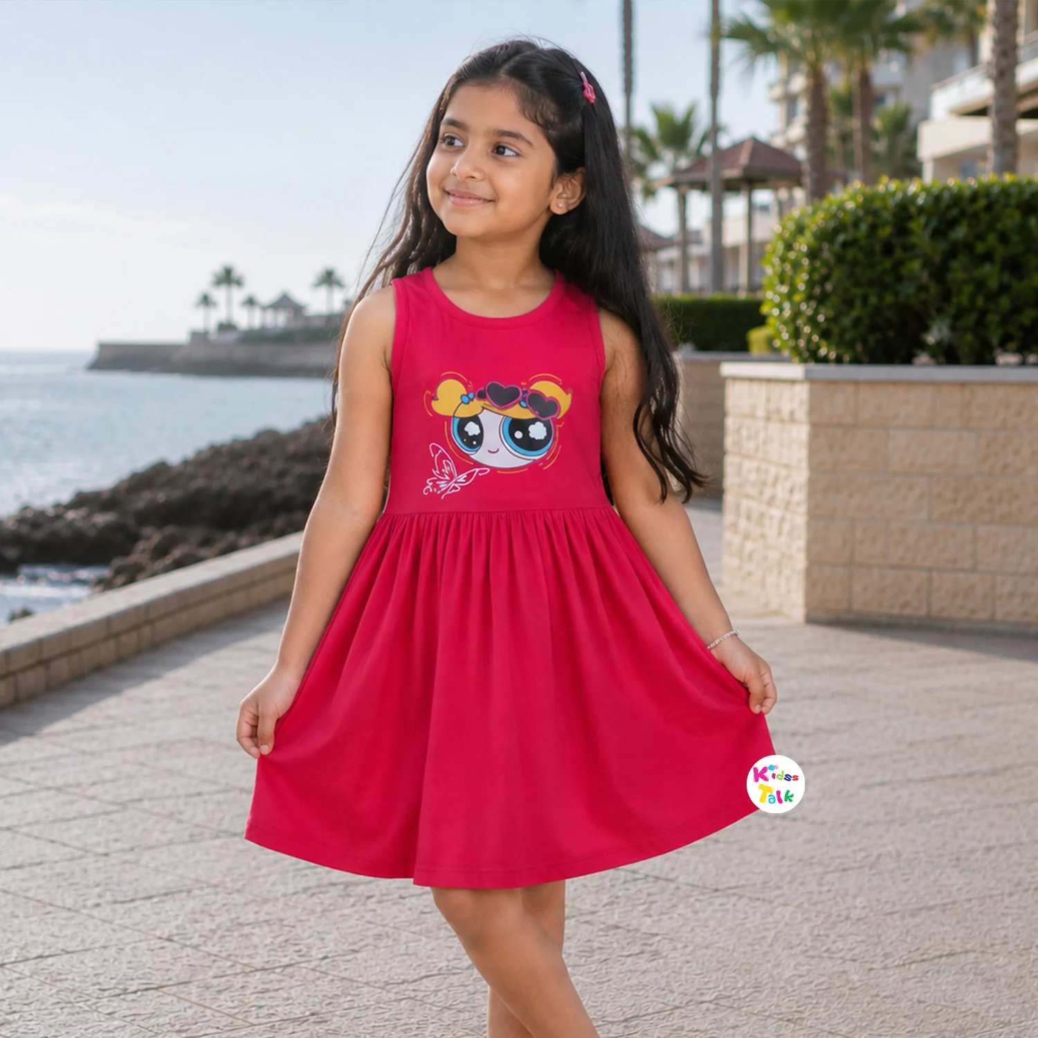 Cotton Knitted Sleeveless Frock With Cute Print - Hot Pink