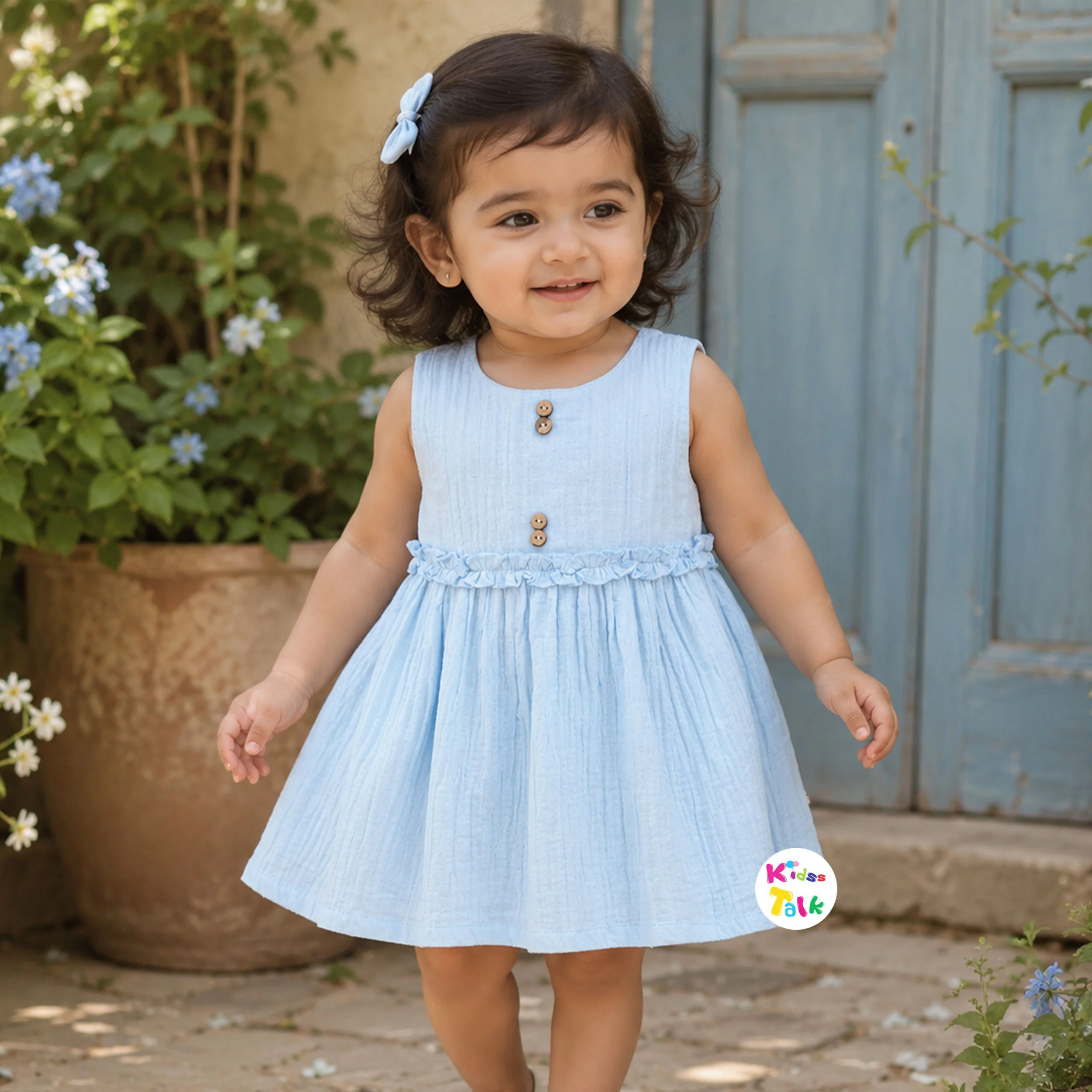 Cute Muslin Sleeveless Frock - Ice Blue